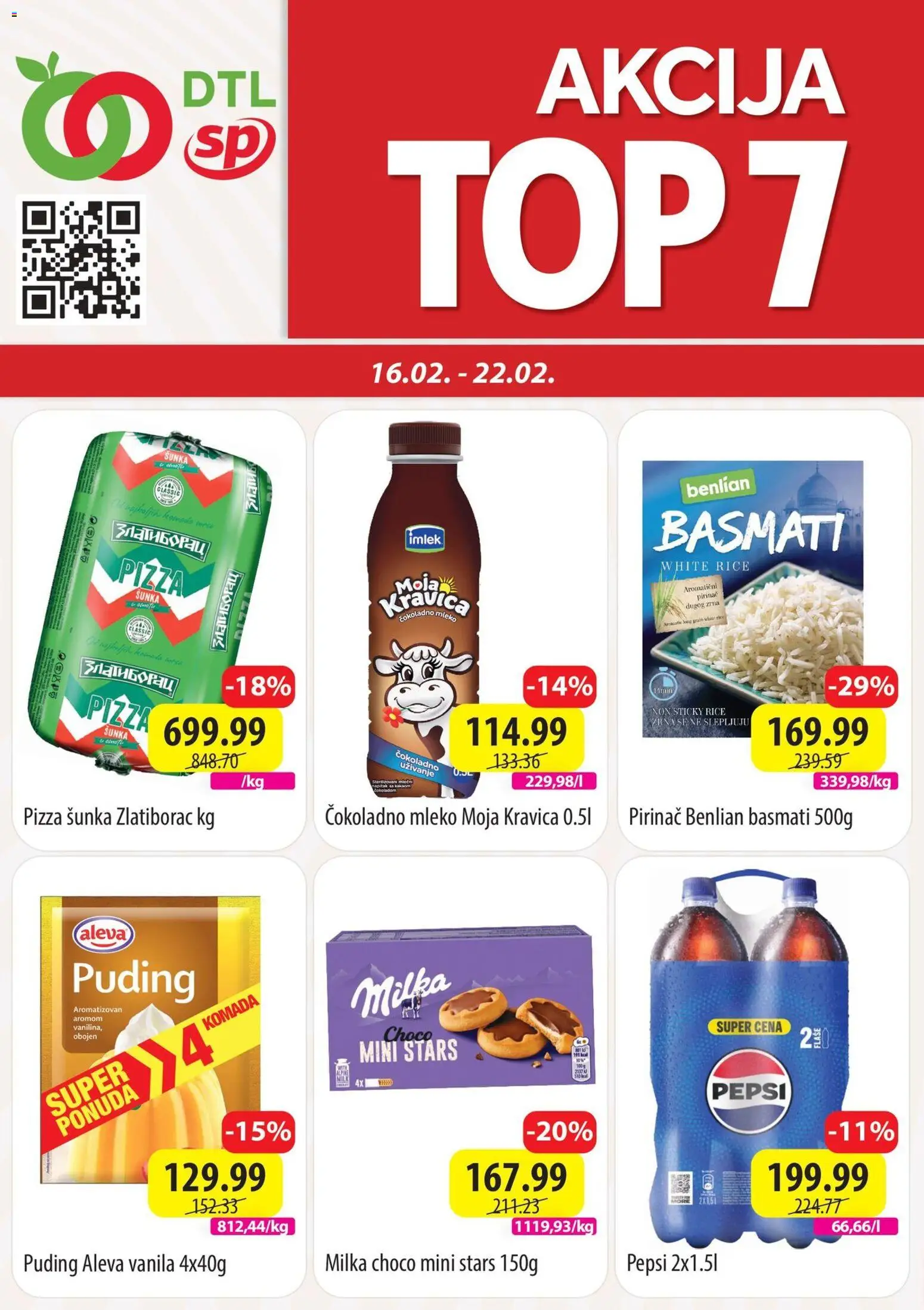 Senta Promet katalog - važi od 16.02.2026 | Strana: 1 | Proizvode: Milka, Mleko, Pizza šunka, Pepsi