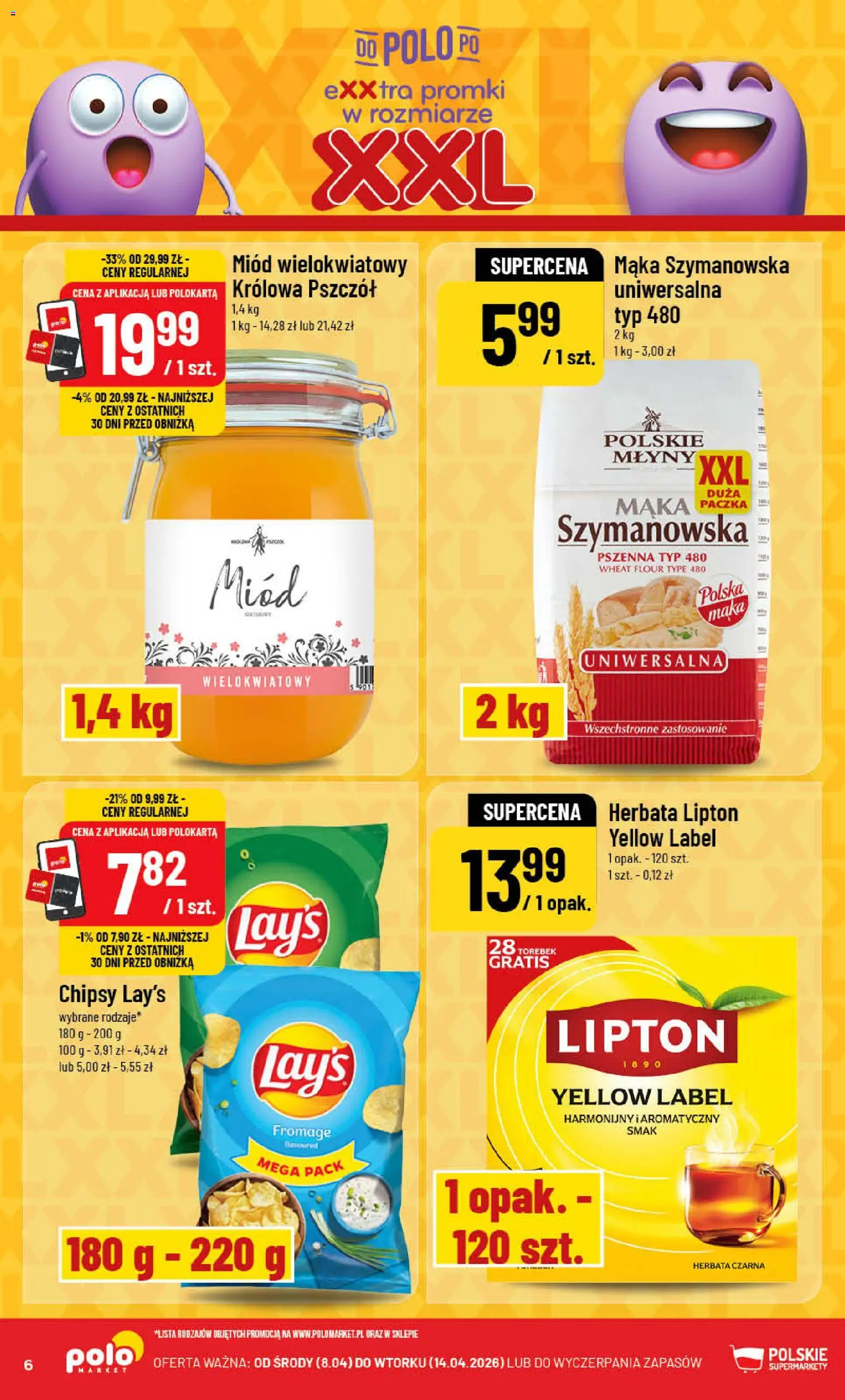 POLOmarket gazetka od 08.04.2026 | Strona: 6 | Produkty: Chipsy, Miód, Herbata lipton, Herbata