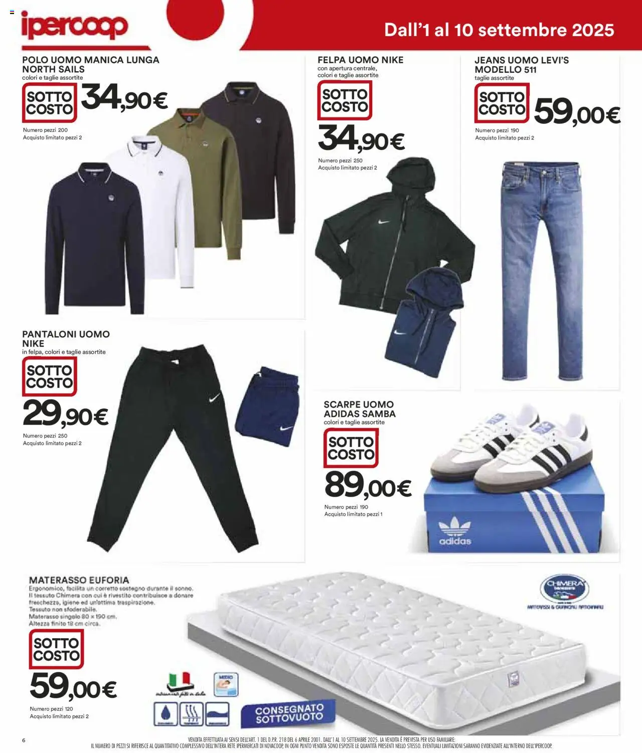 Volantino Ipercoop del 01.09.2025 | Pagina: 6 | Prodotti: Pantaloni, Scarpe, Jeans, Materasso