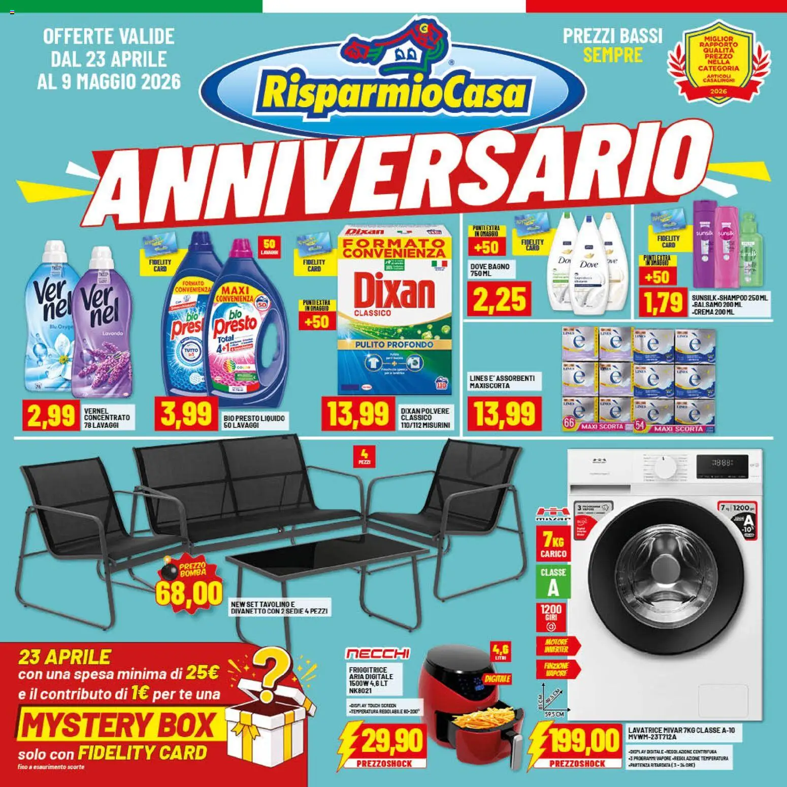 Volantino RisparmioCasa del 23.04.2026 | Pagina: 1 | Prodotti: Shampoo, Balsamo, Centrifuga, Lavatrice