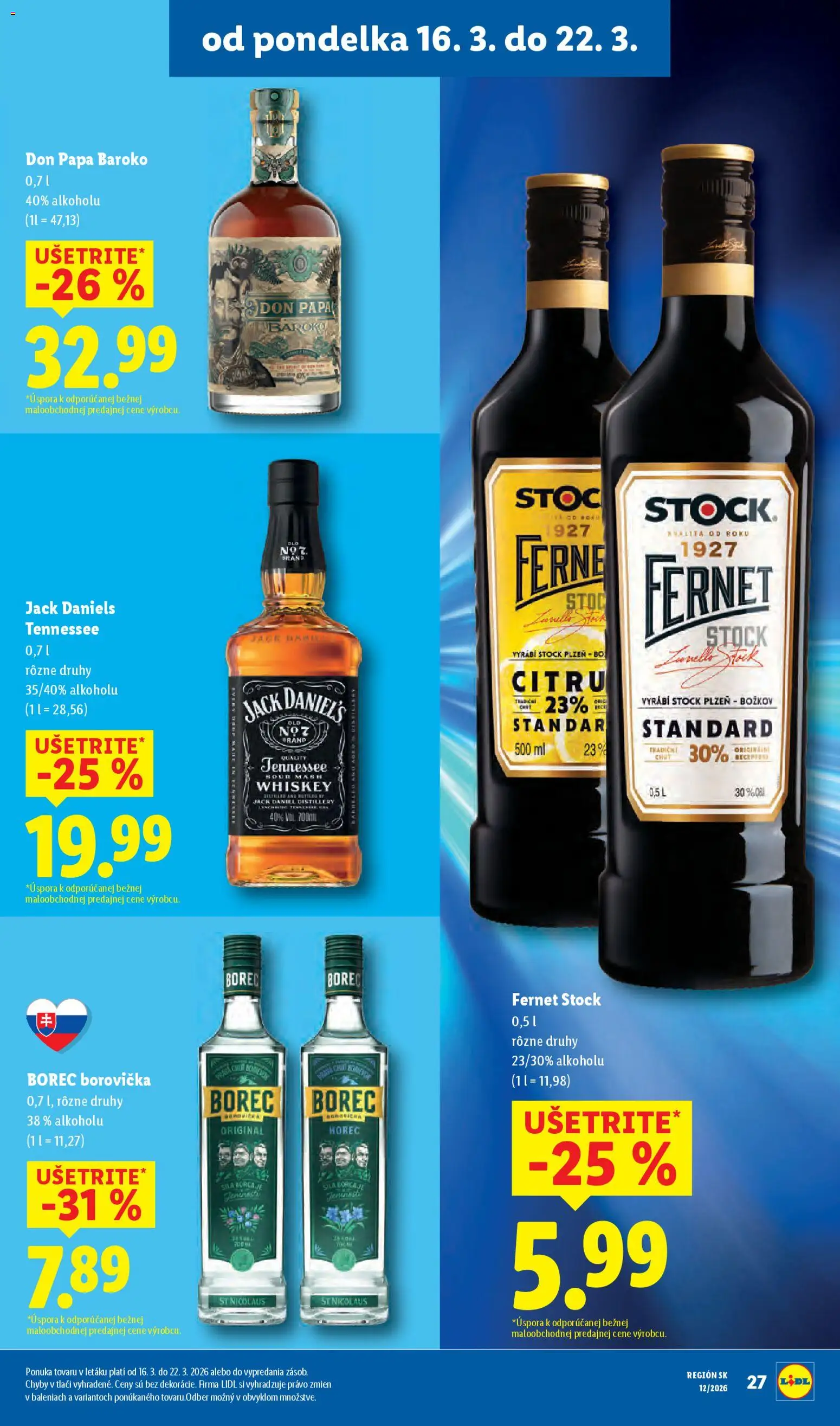 Nové Lidl akcie – leták je platný od 16.03.2026 | Strana: 37 | Produkty: Borovička, Don Papa, Fernet, Jack Daniel's