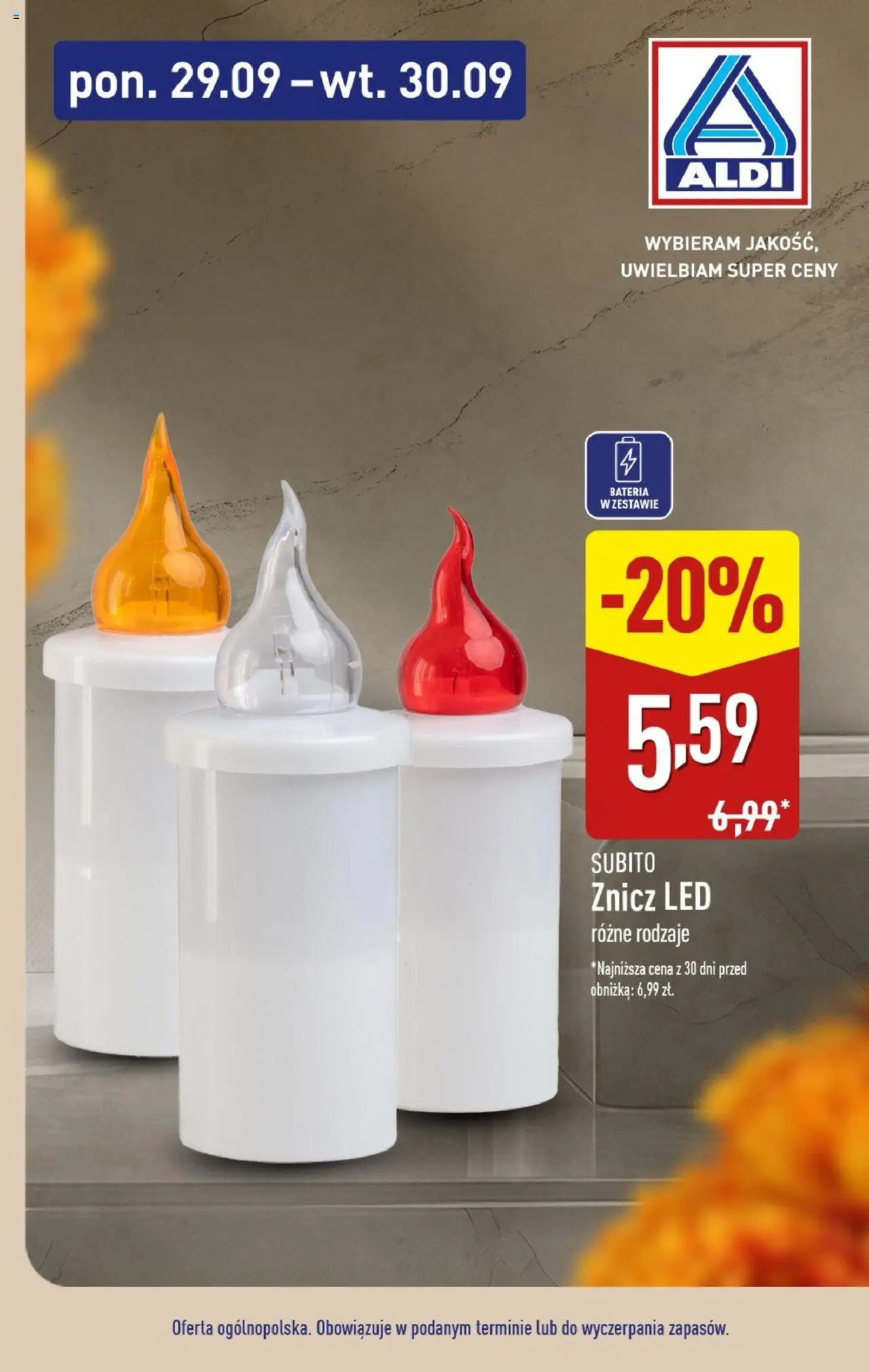 Aldi Gazetka - Znicze i wkłady w super cenach od 29.09.2025 | Strona: 8 | Produkty: Znicz LED, Bateria