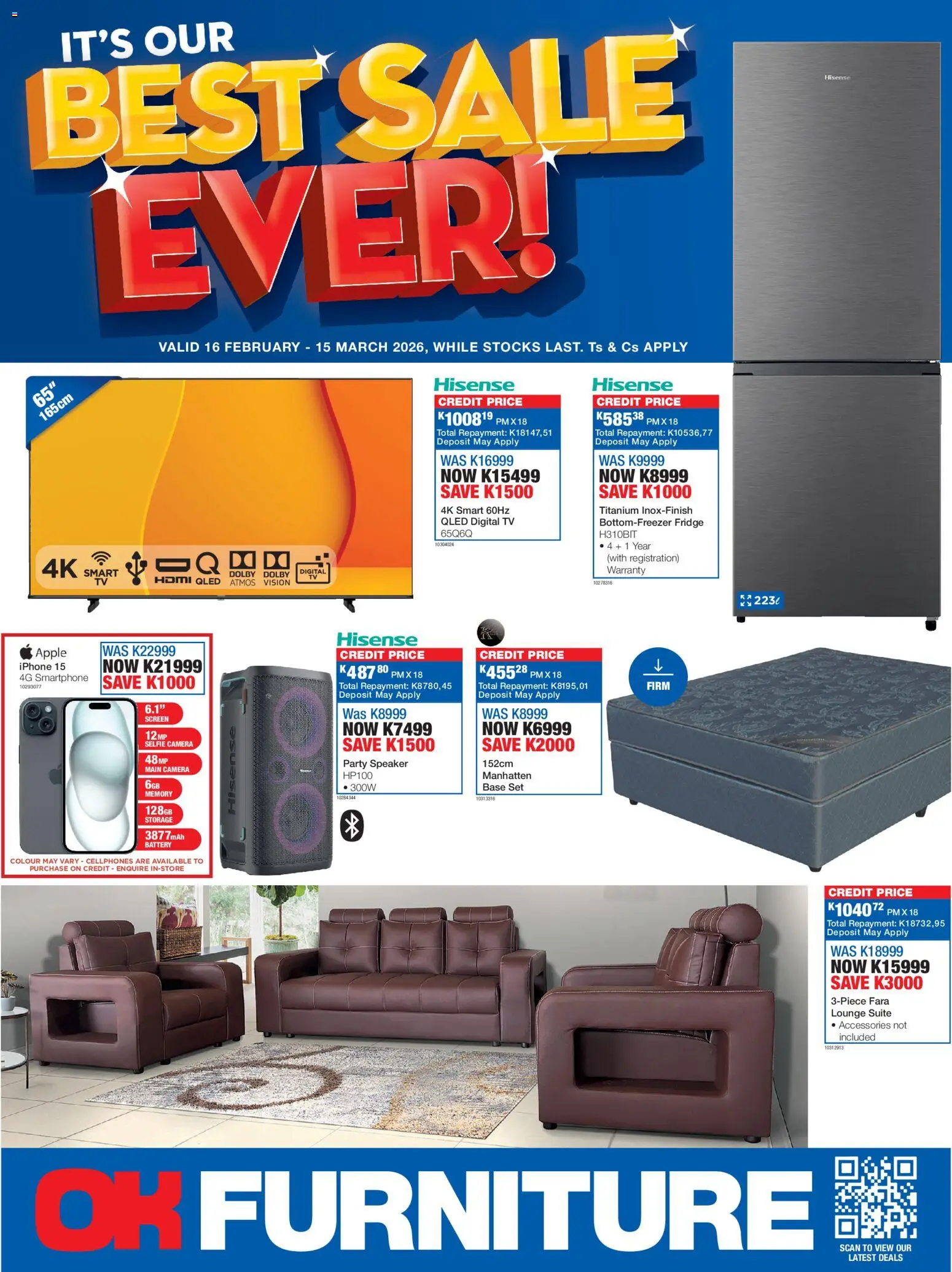 New OK Furniture catalogue – valid from 16.02.2026 | Page: 1 | Products: Camera, TV, Battery, Fridge