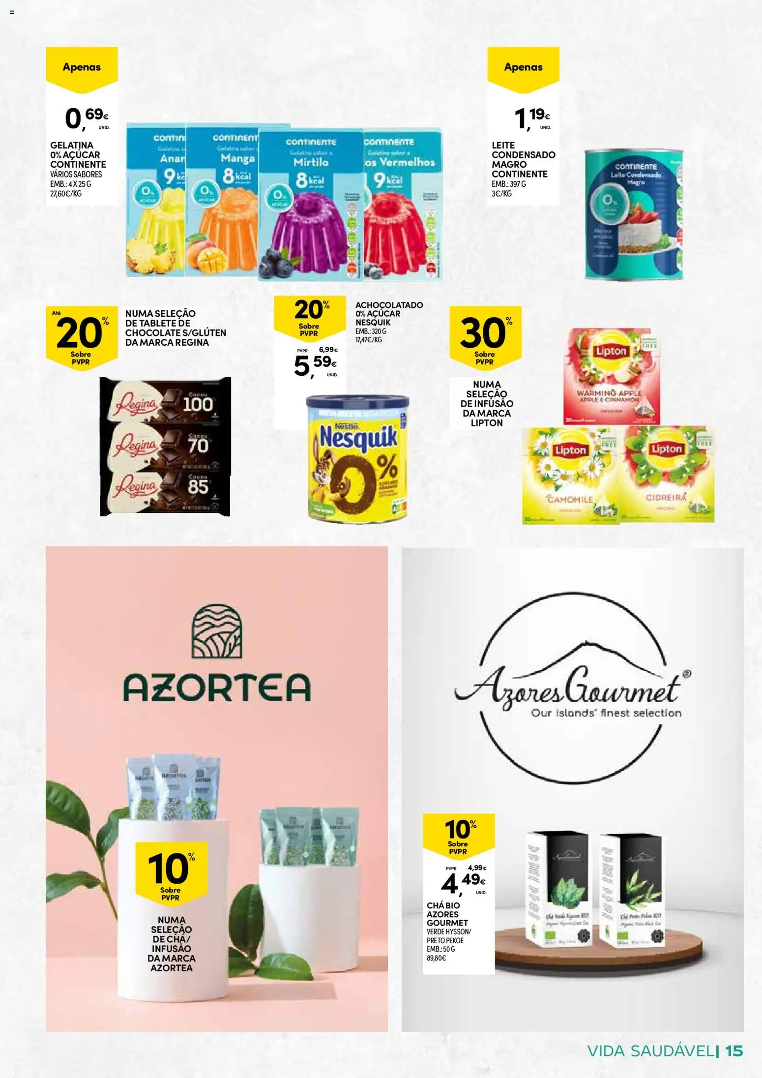 Continente - Açores: Vida Saudável │ válido de 20.01.2026 | Página: 15 | Produtos: Gelatina, Leite condensado, Chocolate, Chá