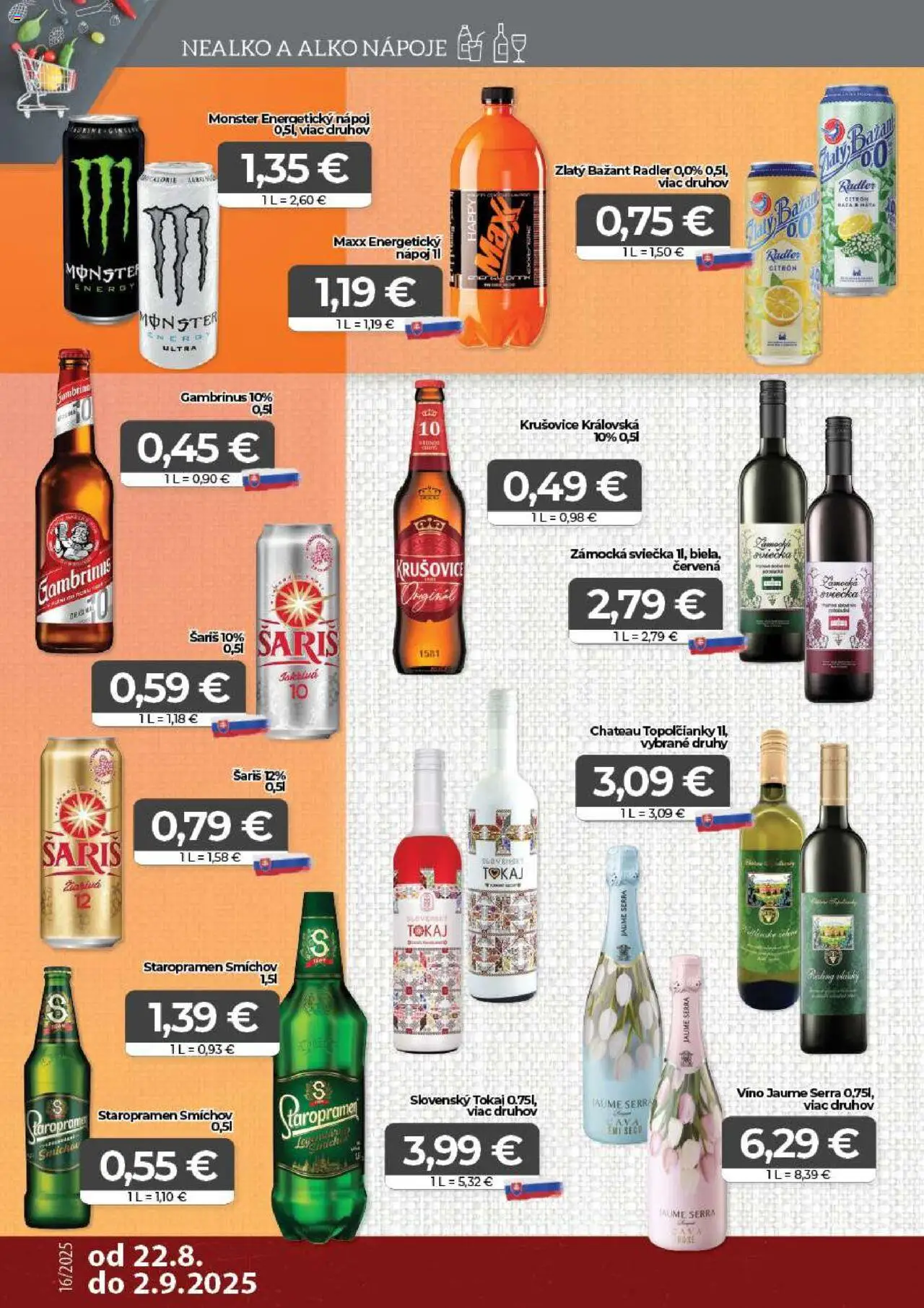 CBA Komfos Leták │ platný od 22.08.2025 | Strana: 12 | Produkty: Víno, Krušovice, Zlatý Bažant, Energetický nápoj