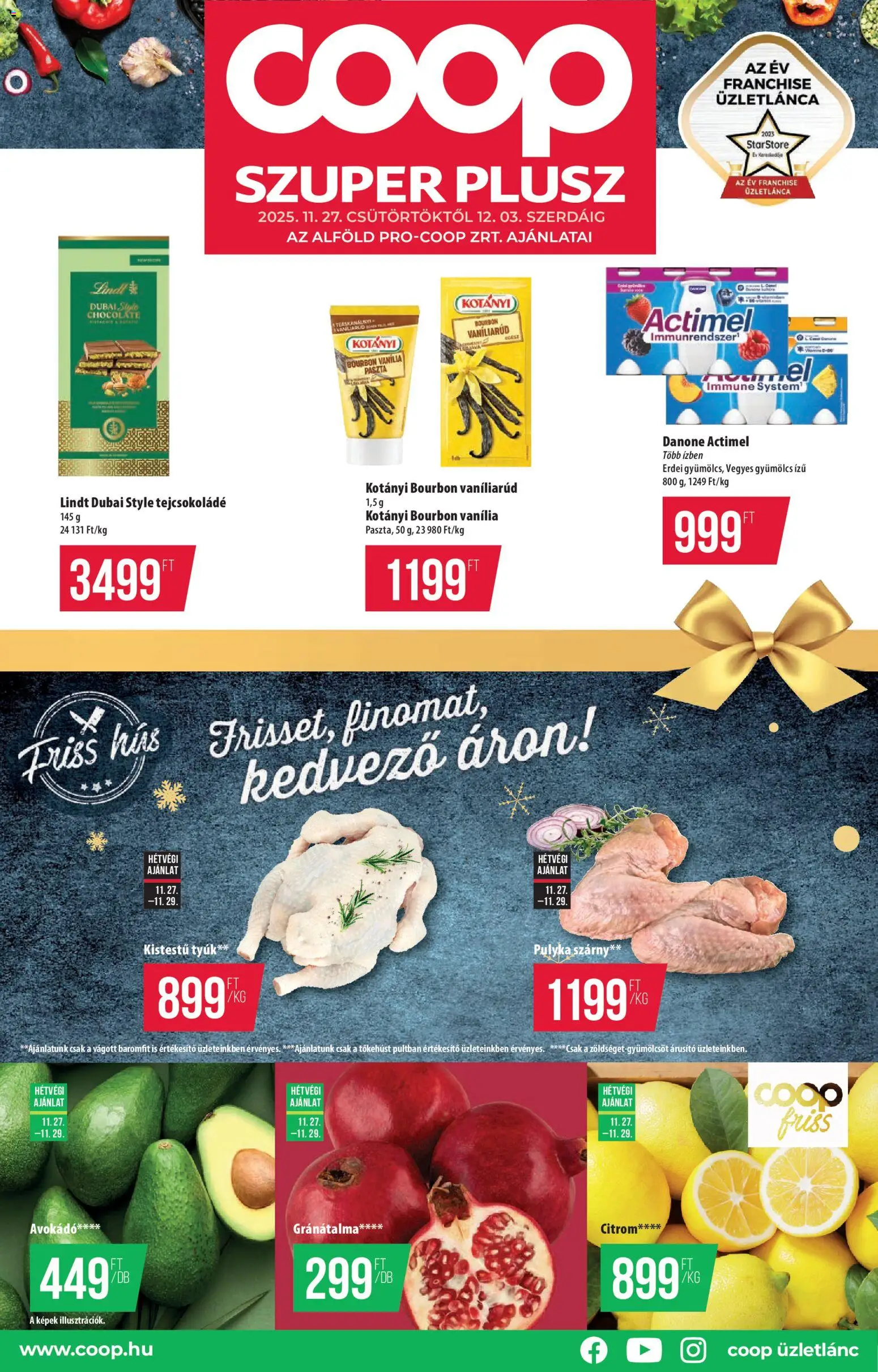 COOP akciós ujság - amely érvényes a következő dátumtól: 27.11.2025 | Oldal: 1 | Termékek: Gyümölcs, Bourbon, Avokádó, Citrom