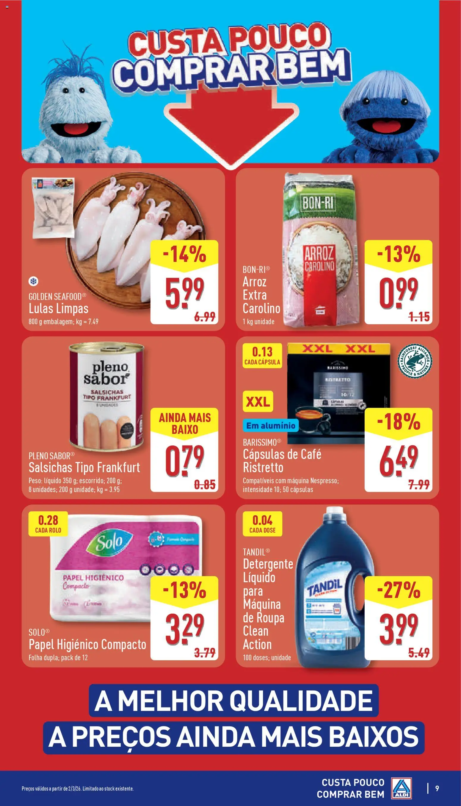 Aldi folheto │ válido de 02.03.2026 | Página: 9 | Produtos: Papel higiénico, Lulas, Detergente, Café