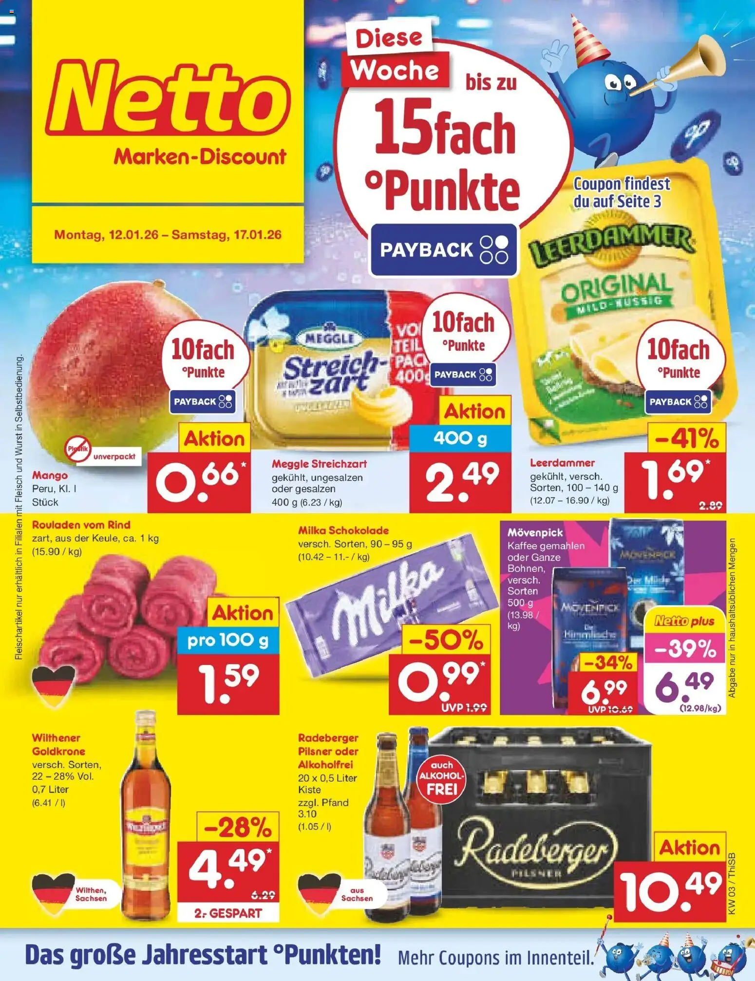 Netto Marken-Discount prospekt Pirna	 – gültig ab 12.01.2026 | Seite: 1 | Produkte: Wilthener, Kaffee, Milka schokolade, Fleisch
