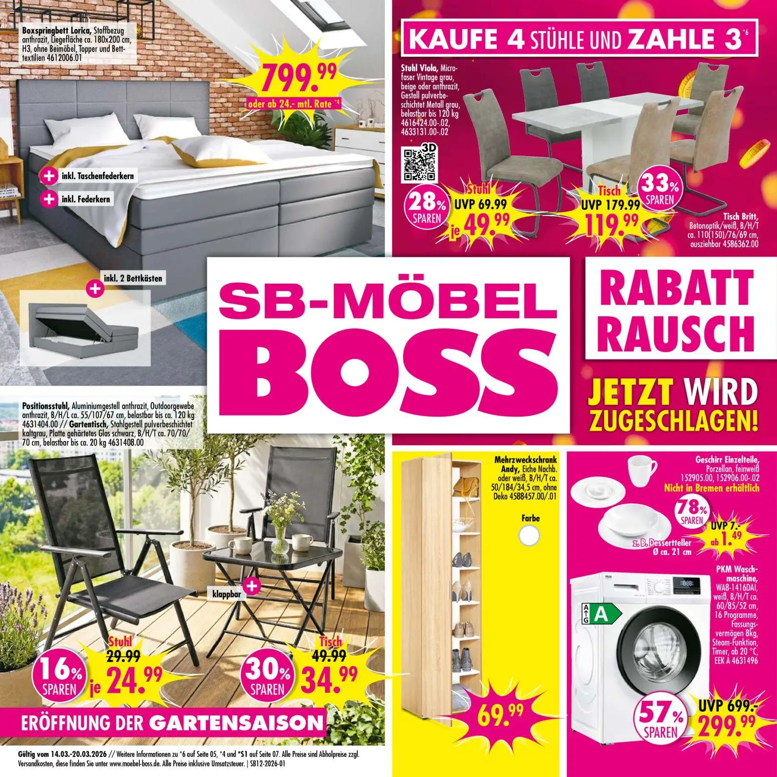 SB Möbel Boss Prospekt 	 – gültig ab 14.03.2026 | Seite: 1 | Produkte: Bett, Boxspringbett, Stuhl, Topper