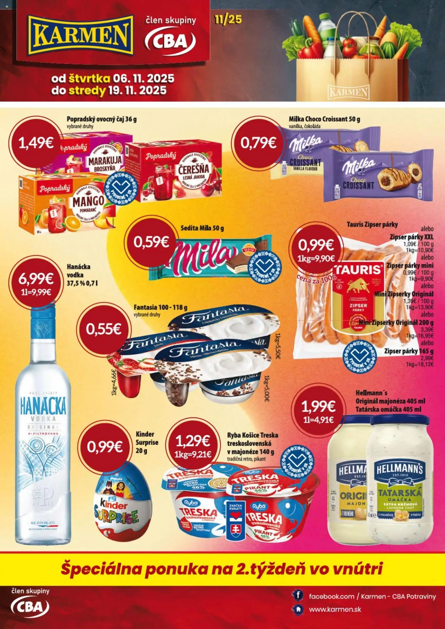 Nové KARMEN CBA akcie – leták je platný od 06.11.2025 | Strana: 1 | Produkty: Čokoláda, Omáčka, Párky, Treska