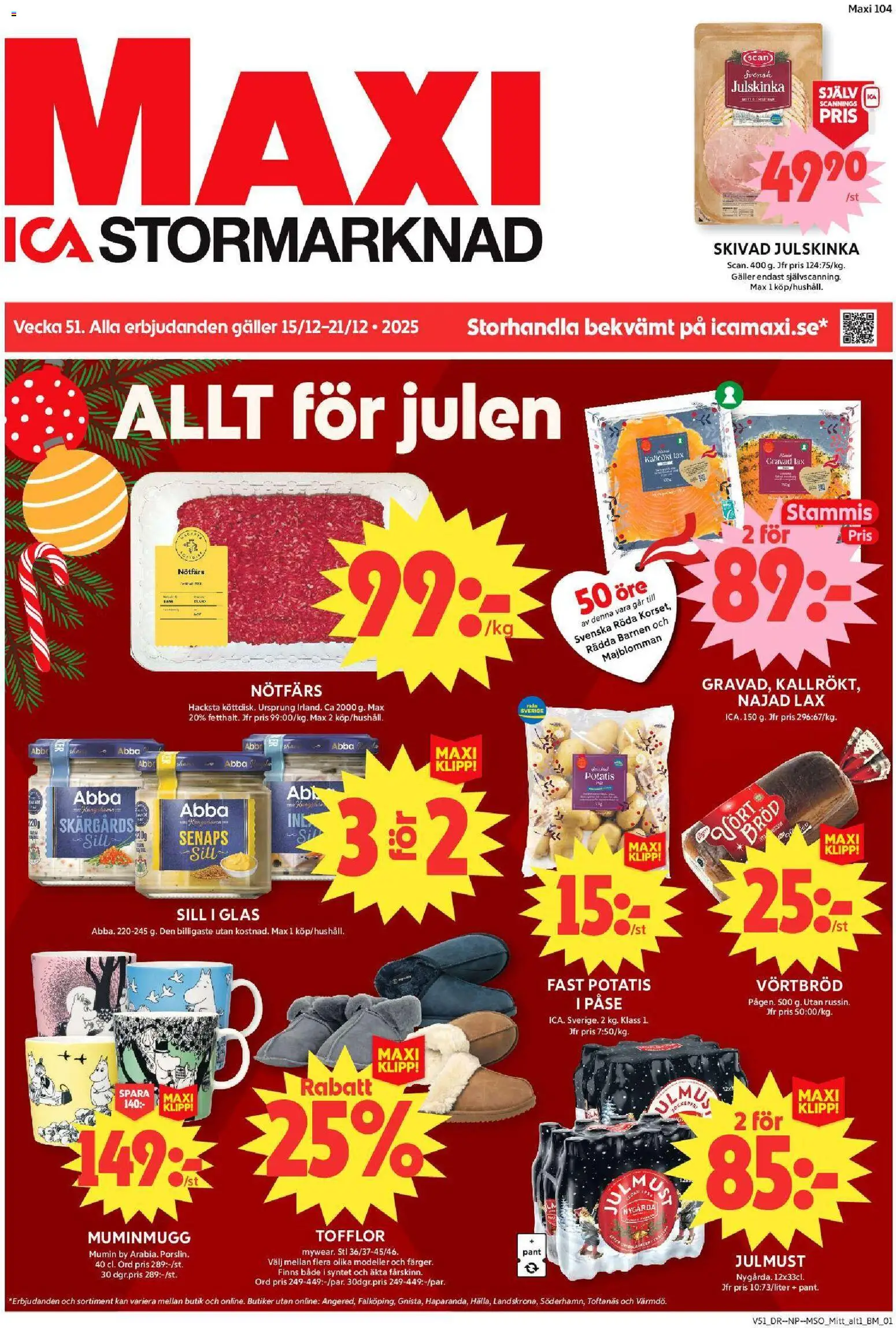 ICA Maxi reklamblad aktuell från 15.12.2025 | Sida: 1 | Produkter: Nötfärs, Galler, Lax, Bröd