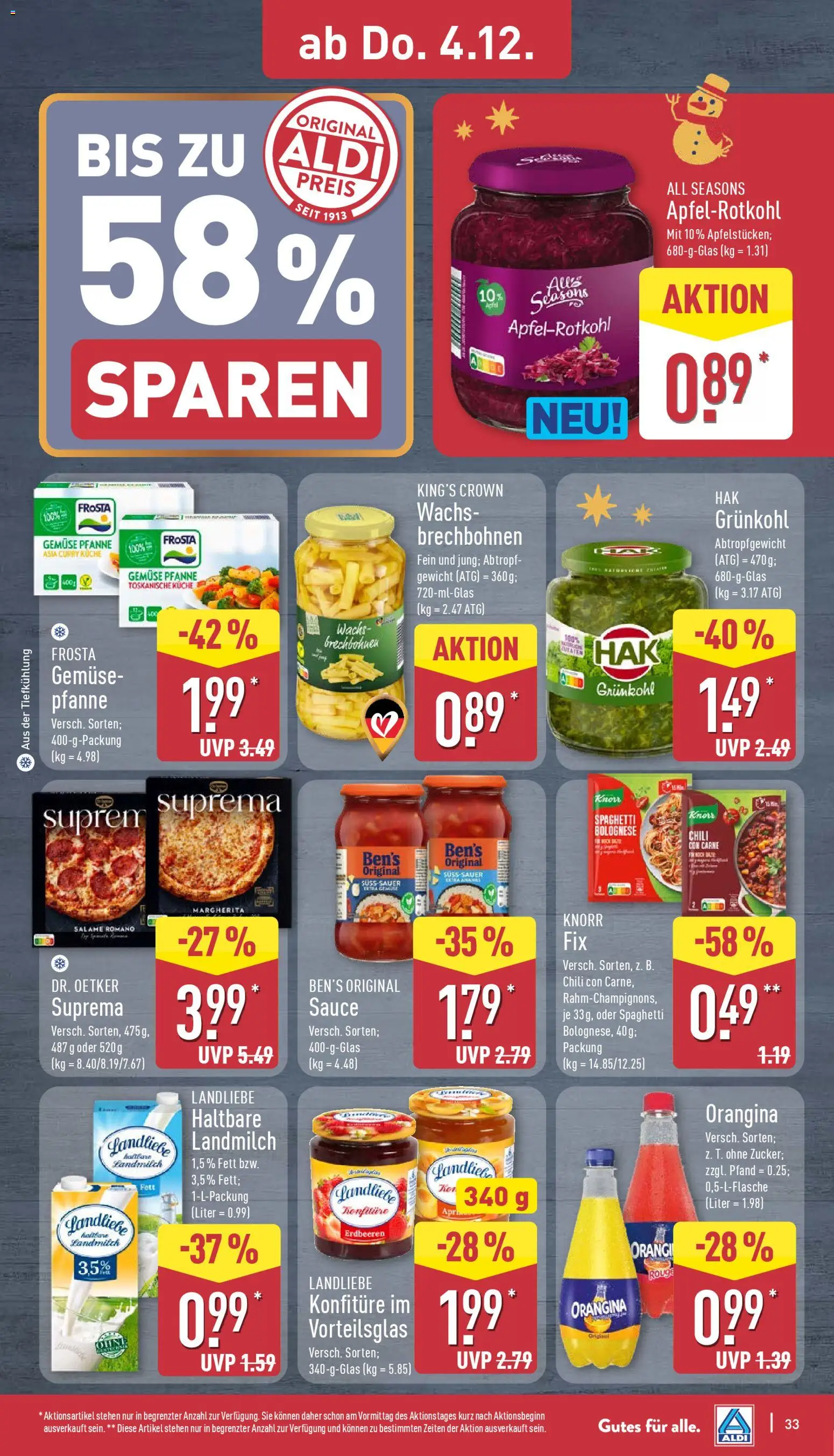 Aldi Prospekt 	 – gültig ab 01.12.2025 | Seite: 33 | Produkte: Rouge, Frosta, Gemüse, Erdbeeren