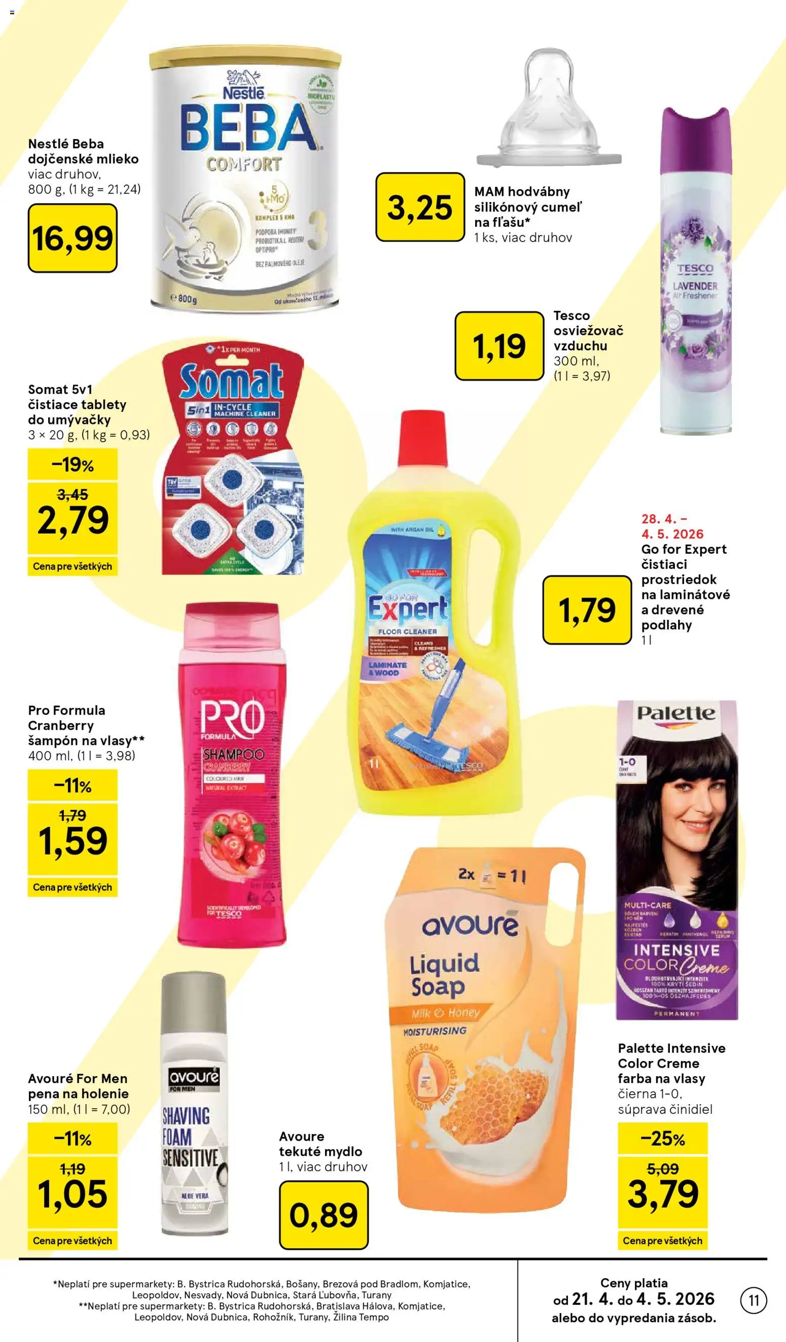 Nové Tesco akcie – leták je platný od 29.04.2026 | Strana: 11 | Produkty: Osviežovač vzduchu, Šampón, Pena na holenie, Čistiaci prostriedok