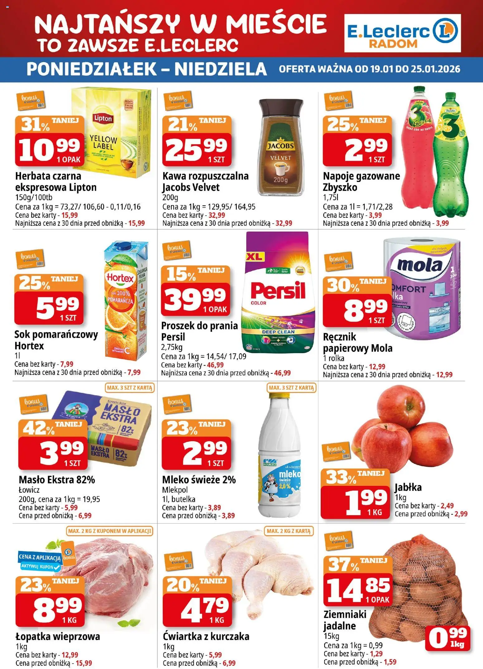 E.Leclerc Gazetka - Radom od 19.01.2026 | Strona: 1 | Produkty: Łopatka wieprzowa, Mleko, Masło, Kawa