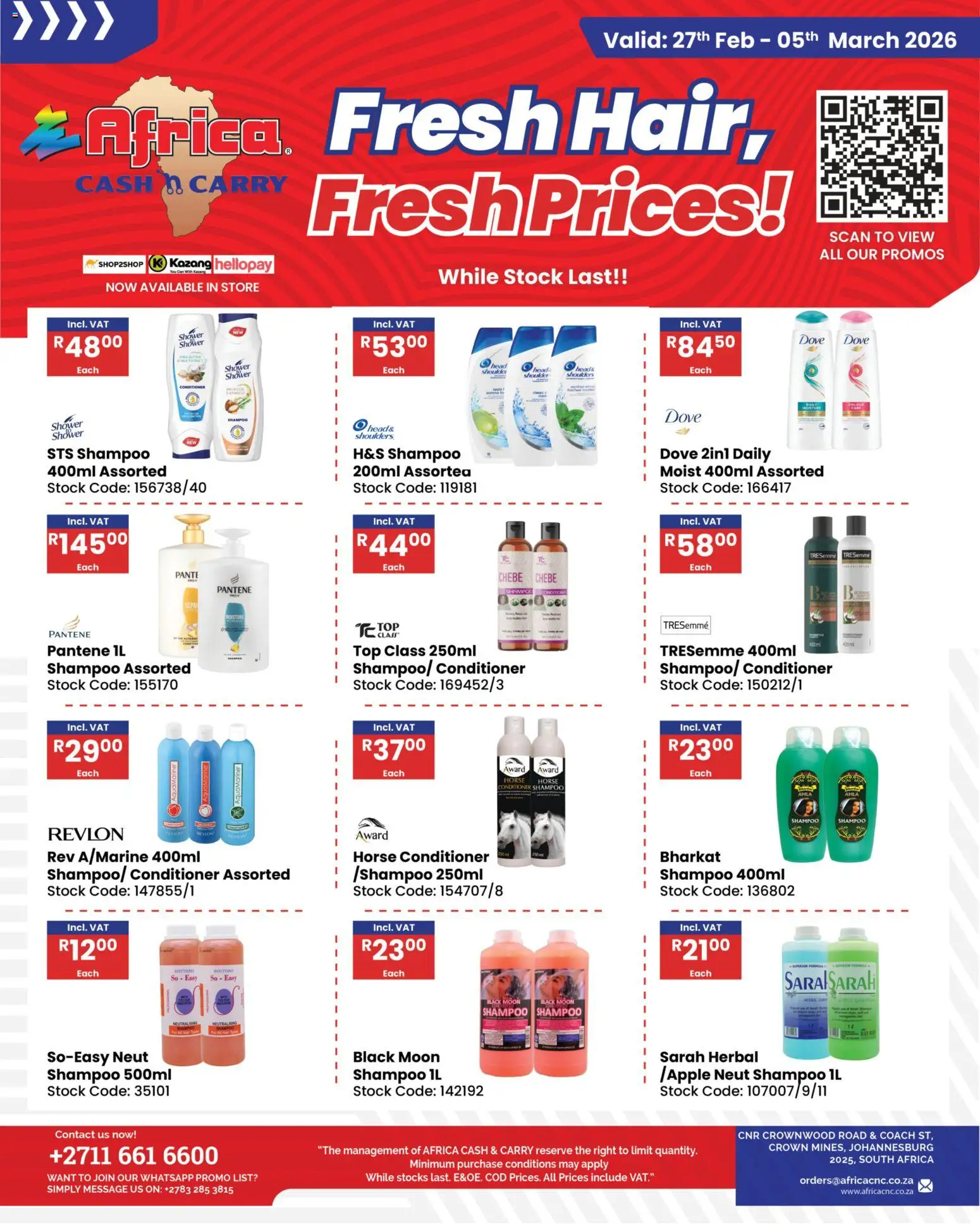 New Africa Cash & Carry catalogue – valid from 27.02.2026 | Page: 1 | Products: Shower, Shampoo, Conditioner, Stock