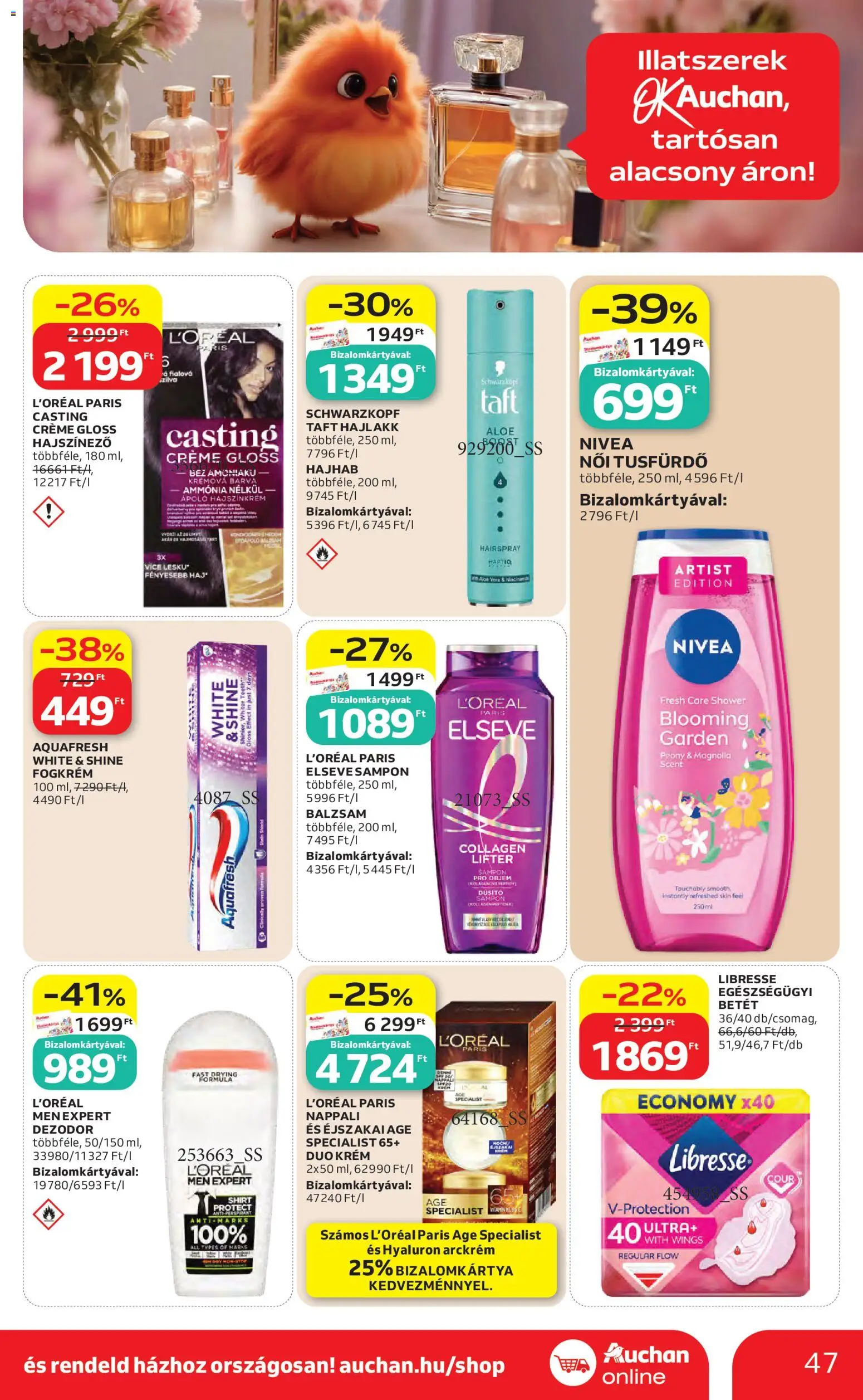 Auchan akciós ujság - amely érvényes a következő dátumtól: 30.04.2026 | Oldal: 47 | Termékek: Hajszínező, Arckrém, Sampon, Dezodor