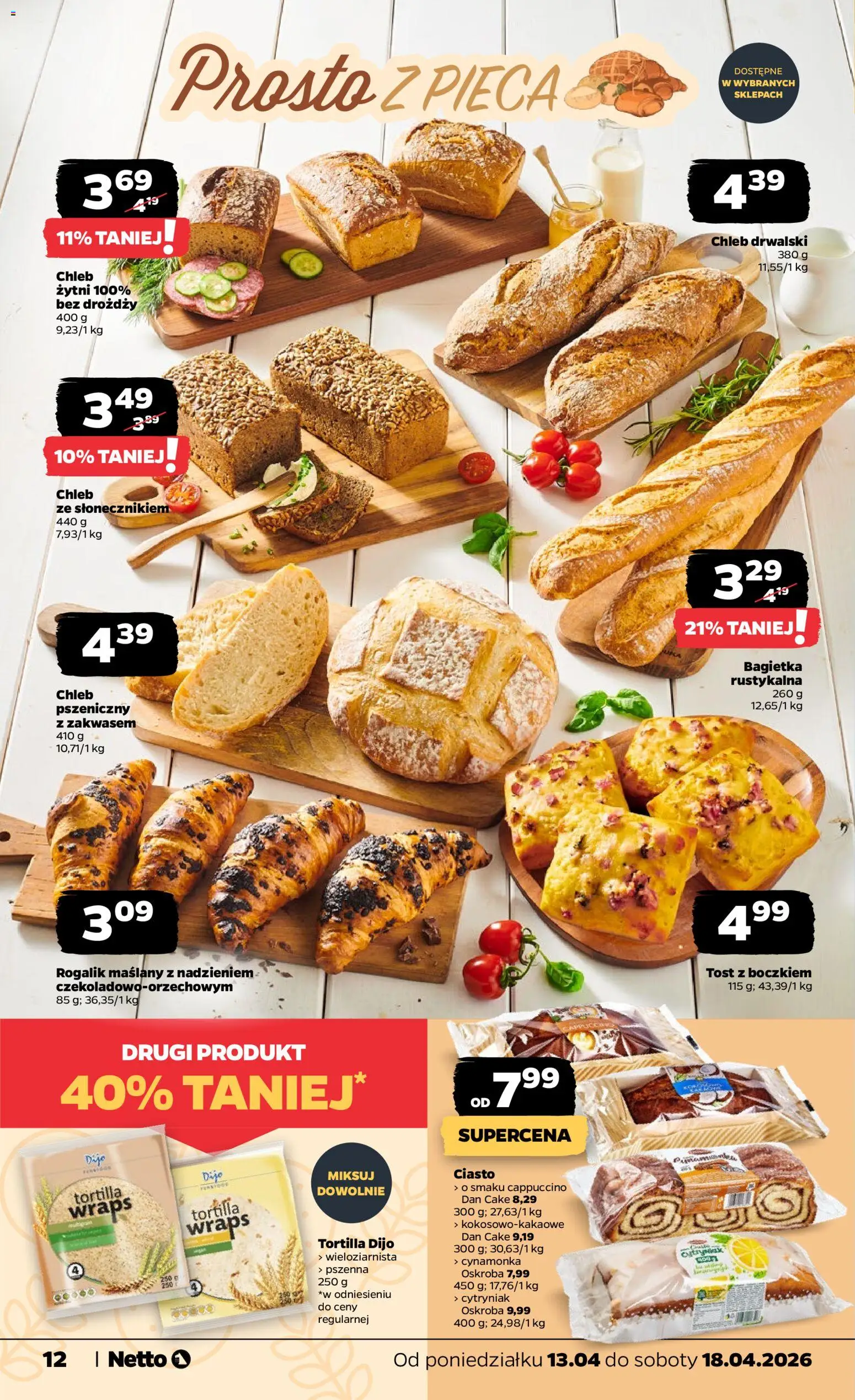 Netto gazetka od poniedziałku spożywcza od 13.04.2026 | Strona: 12 | Produkty: Ciasto, Tortilla, Bagietka, Chleb
