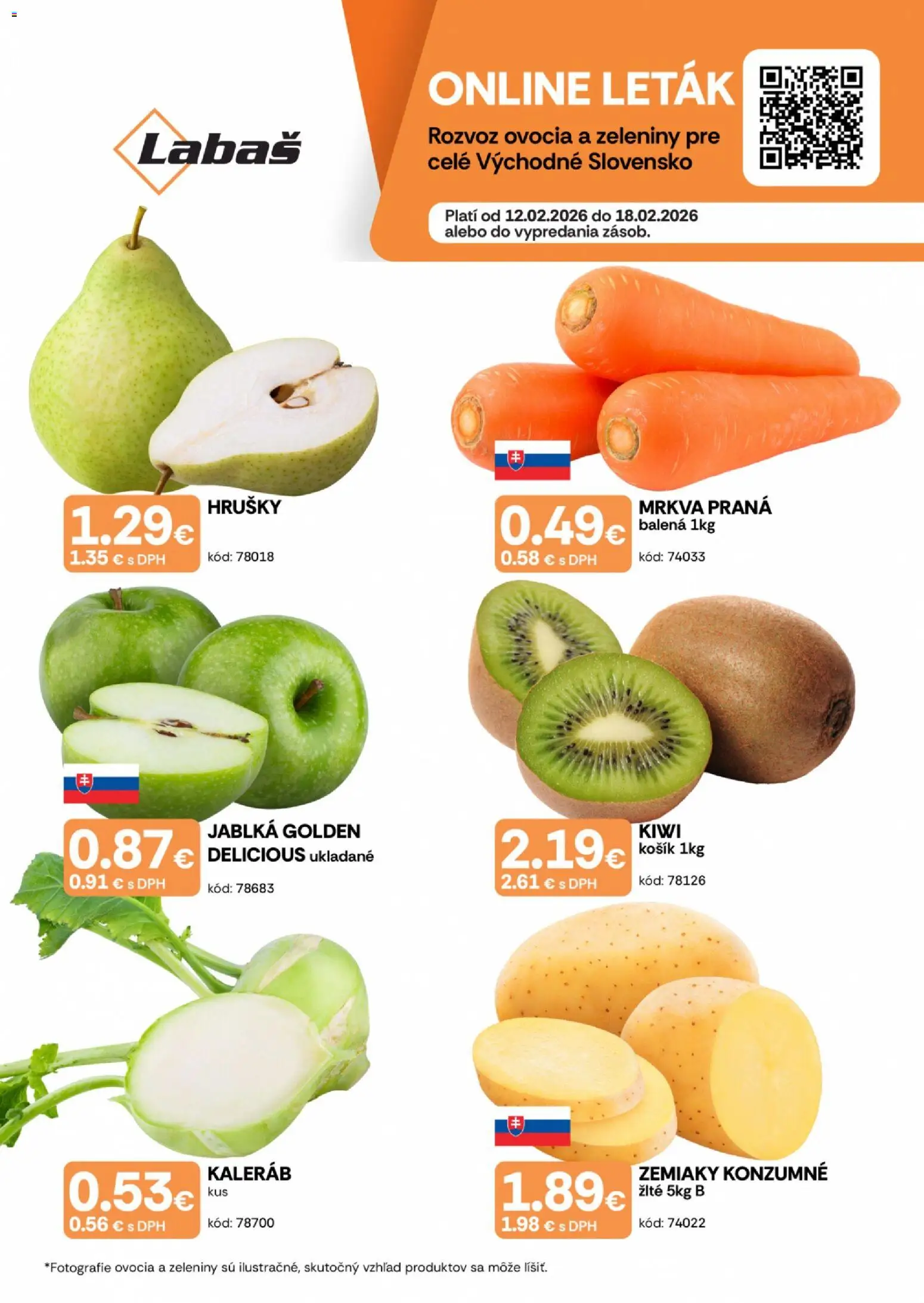 Nové Labaš akcie – leták je platný od 12.02.2026 | Strana: 1 | Produkty: Jablká, Mrkva, Zemiaky, Hrušky