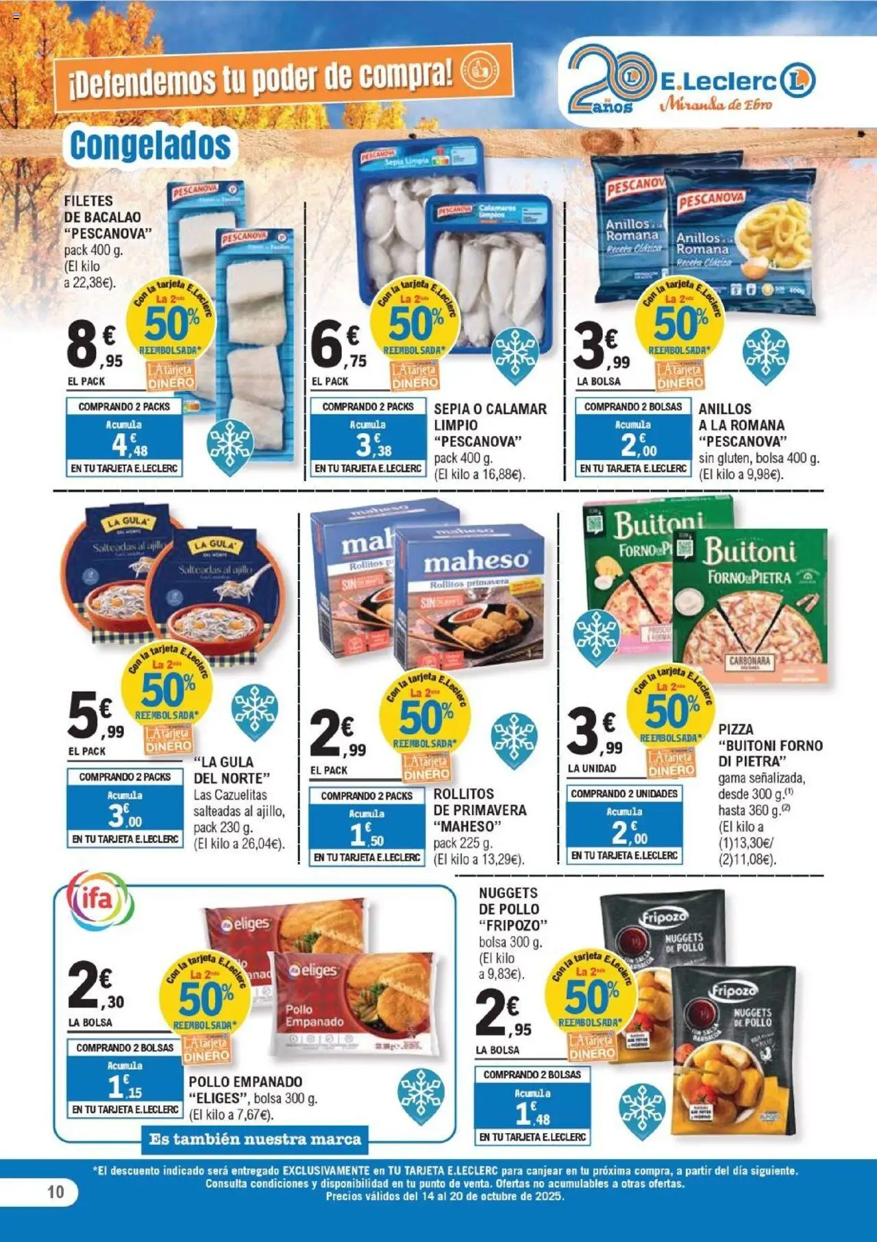 E.Leclerc folleto │ válido desde el 14.10.2025 | Página: 10 | Productos: Anillos, Calamares, Pizza, Nuggets