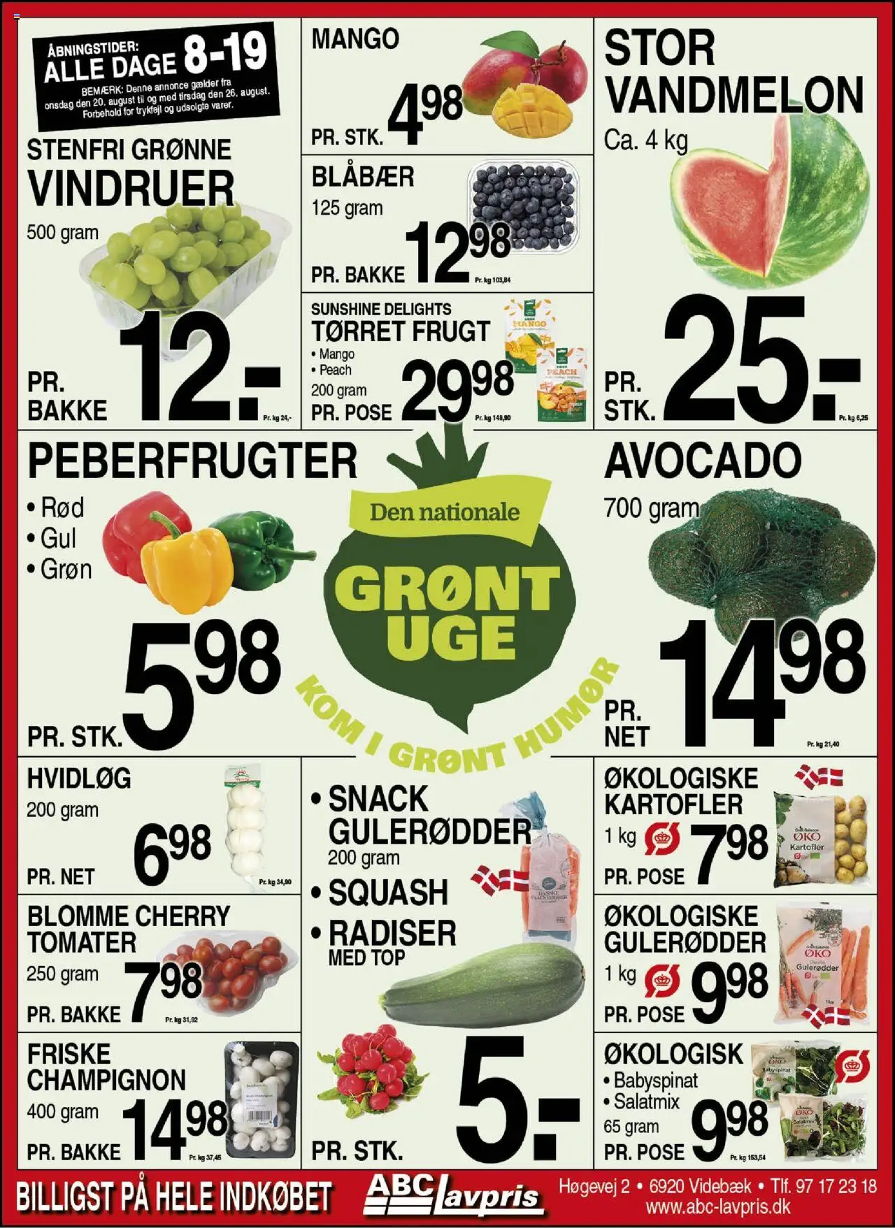 Abc Lavpris Tilbudsavis gyldig fra 20.08.2025 | Side: 1 | Produkter: Blåbær, Tomater, Kartofler, Avocado