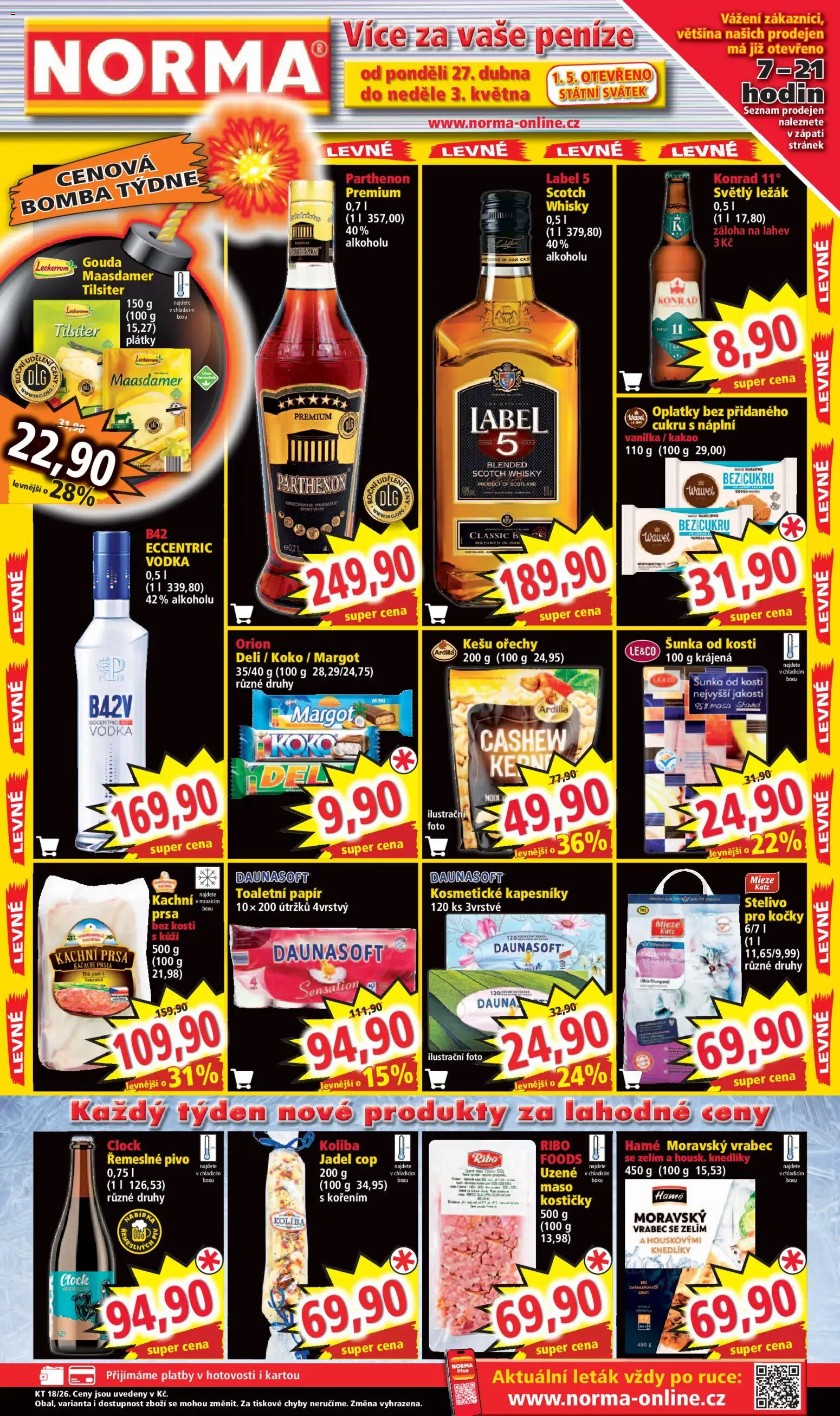 Norma leták od 27.04.2026 | Strana: 1 | Produkty: Maasdamer, Šunka od kosti, Vodka, Stelivo