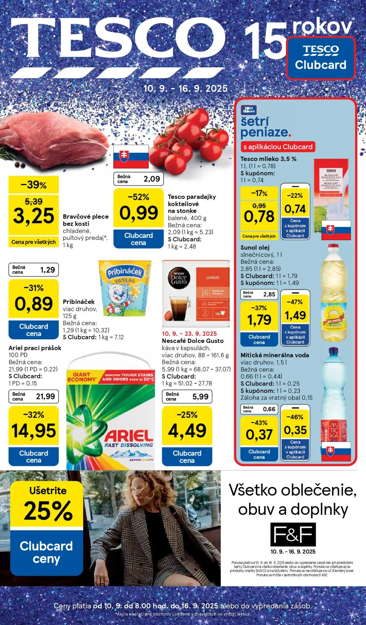 Nové Tesco akcie – leták je platný od 10.09.2025 | Strana: 1 | Produkty: Dolce Gusto, Mlieko, Ariel