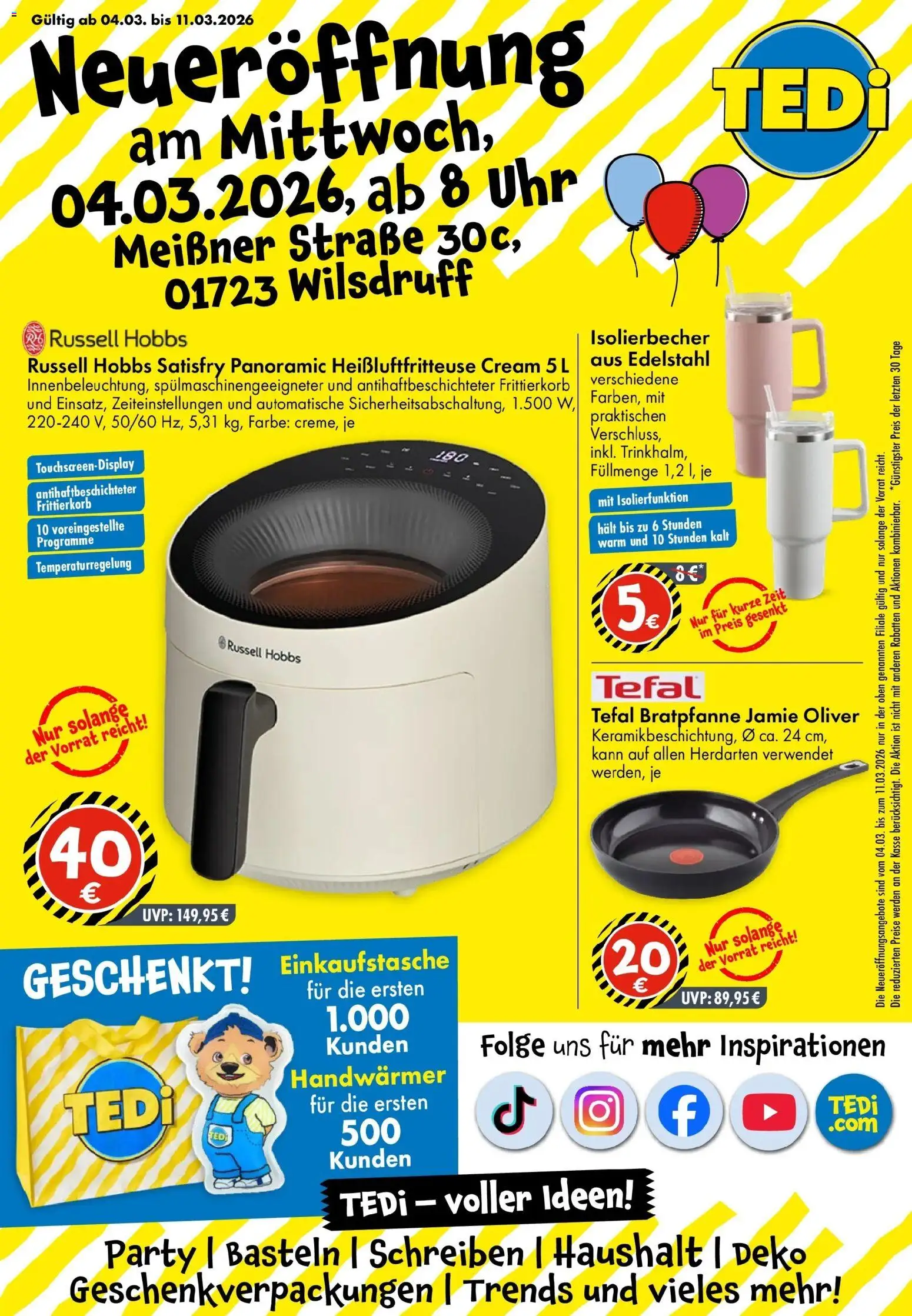 TEDi Neueröffnung Wilsdruff – gültig ab 04.03.2026 | Seite: 1 | Produkte: Heißluftfritteuse, Uhr