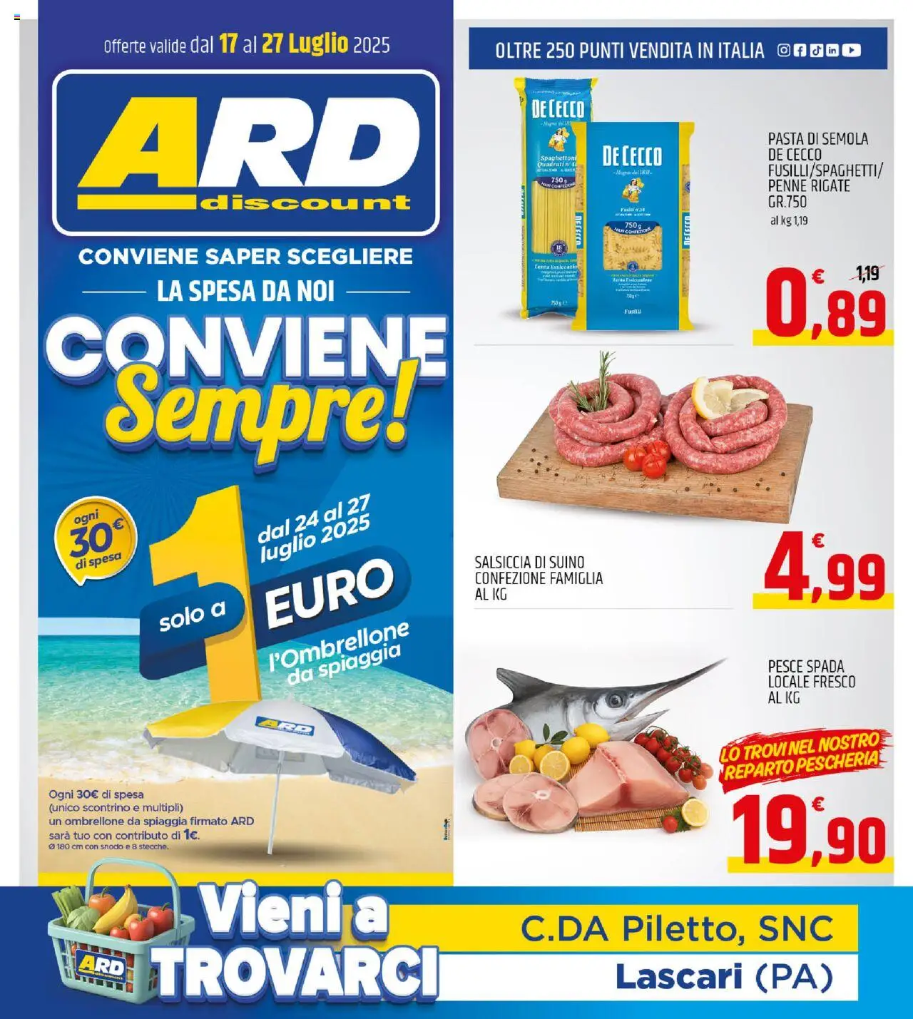 Volantino ARD Discount del 17.07.2025 | Pagina: 1 | Prodotti: Pesce, Ombrellone, Pasta, Pesce spada