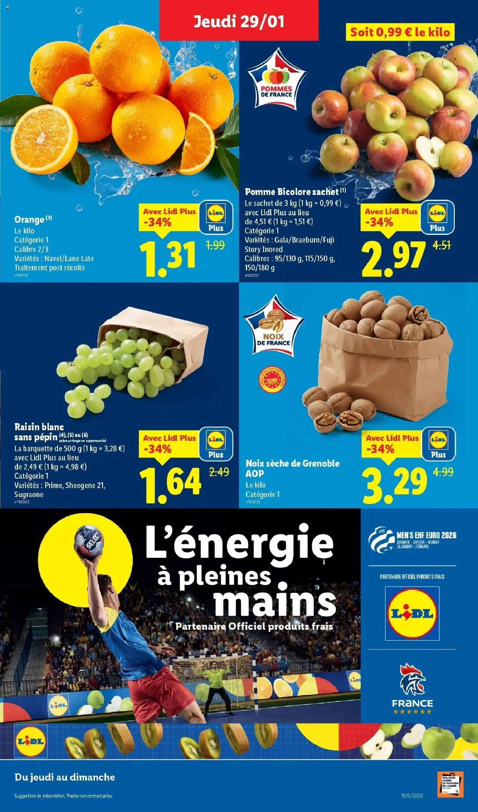 Catalogue LIDL du 28/01/2026 | Promo prospectus en ligne | Page: 3 | Produits: Orange, Pomme bicolore, Raisin, Noix