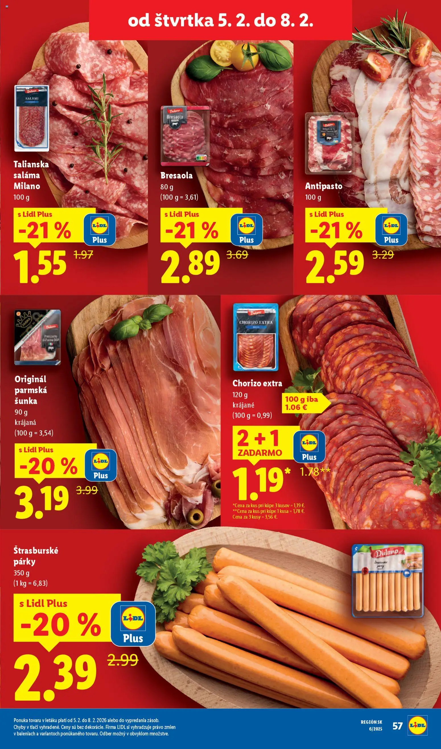 Nové Lidl akcie – leták je platný od 02.02.2026 | Strana: 57 | Produkty: Saláma, Šunka, Párky