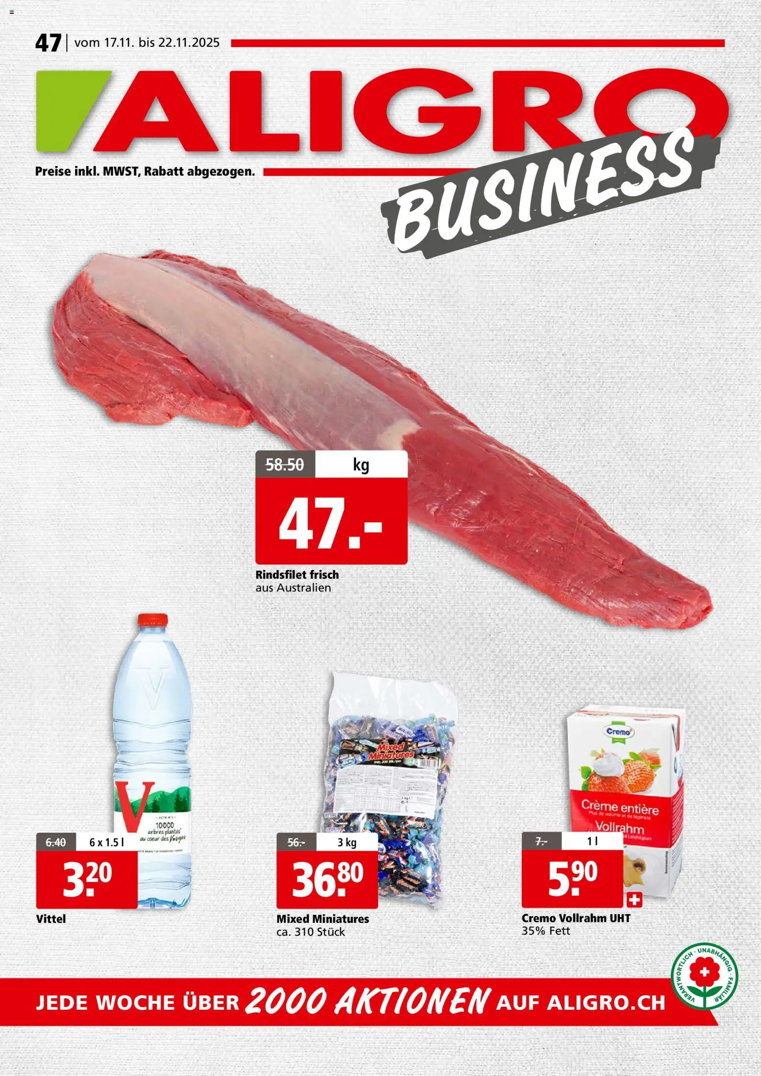 Aligro Aktionen Business Schlieren, Gossau SG, Frauenfeld, Rapperswil-Jona, Sargans, Bern, Brüttisellen, Pratteln, Emmen, Spreitenbach – gültig ab 17.11.2025 | Seite: 1 | Produkte: Creme