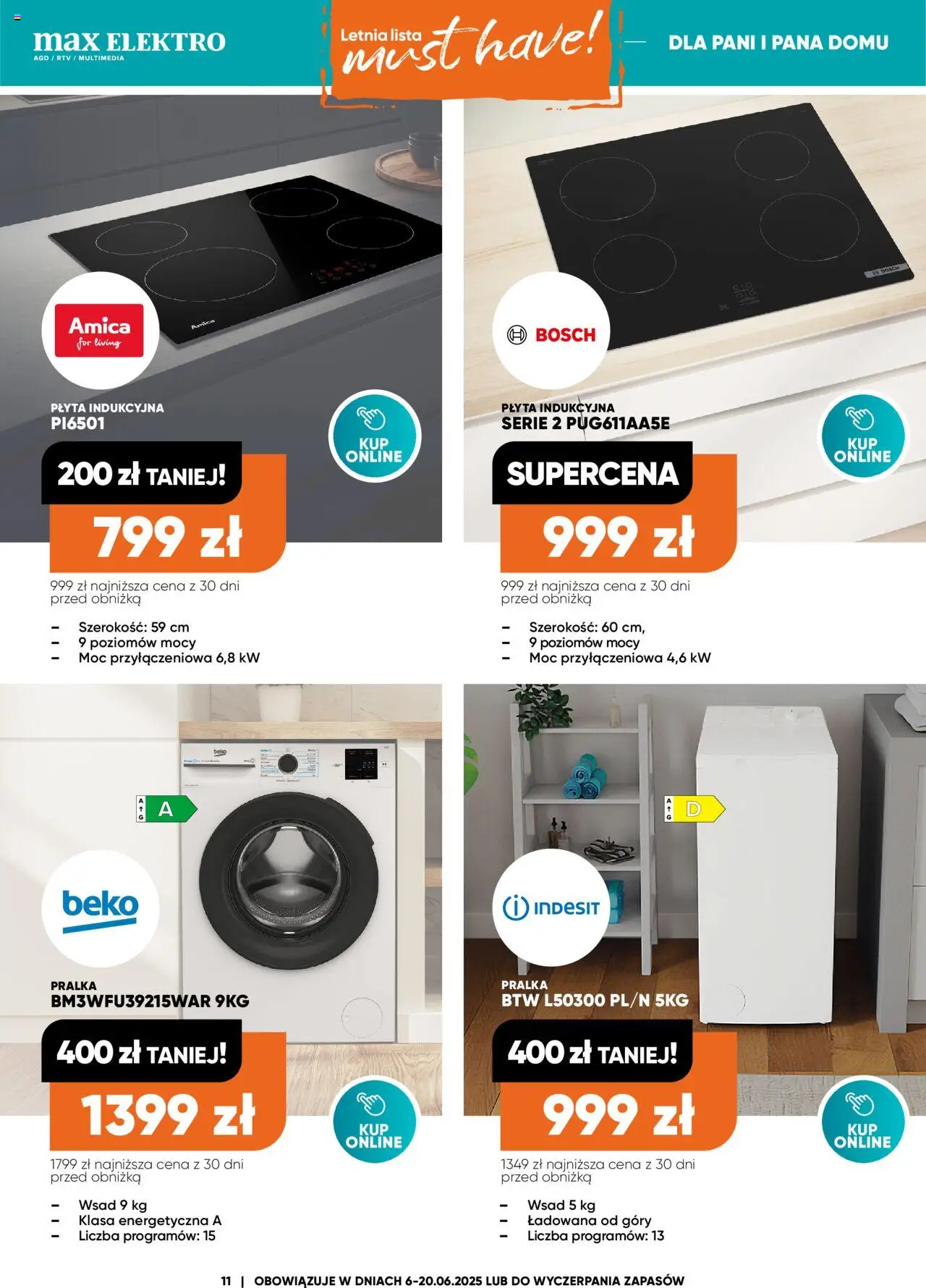 Max elektro Gazetka od 06.06.2025 | Strona: 11 | Produkty: Płyta indukcyjna, Pralka