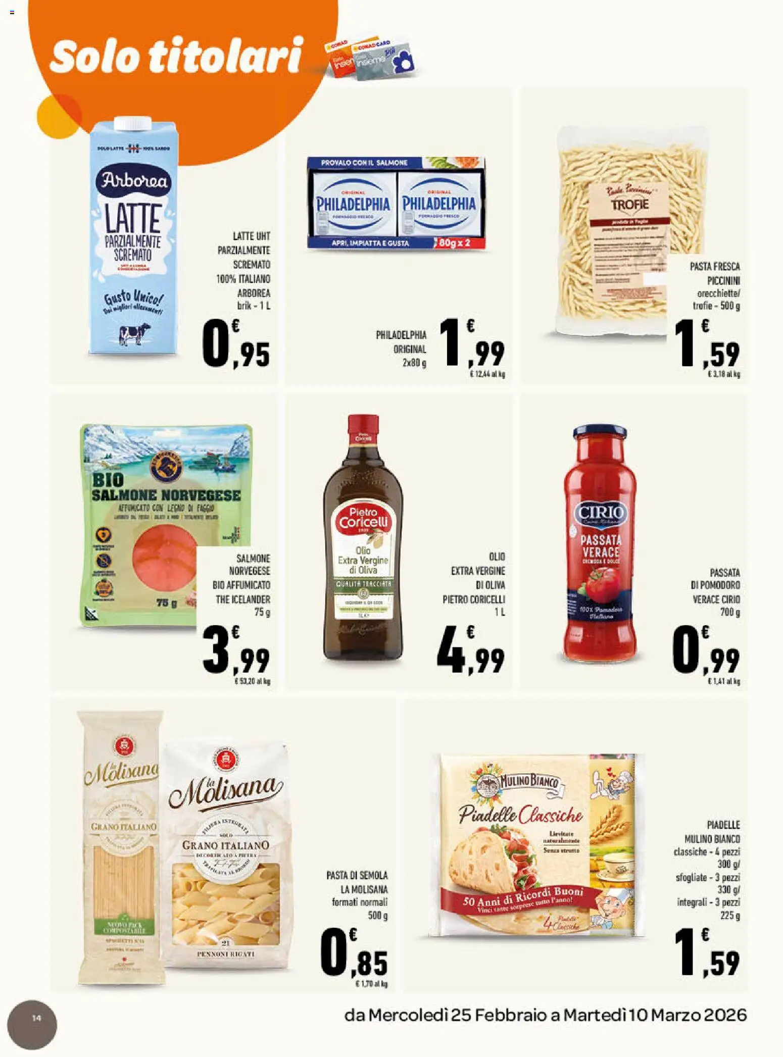 Volantino Conad del 25.02.2026 | Pagina: 14 | Prodotti: Salmone, Pomodoro, Latte, Olio