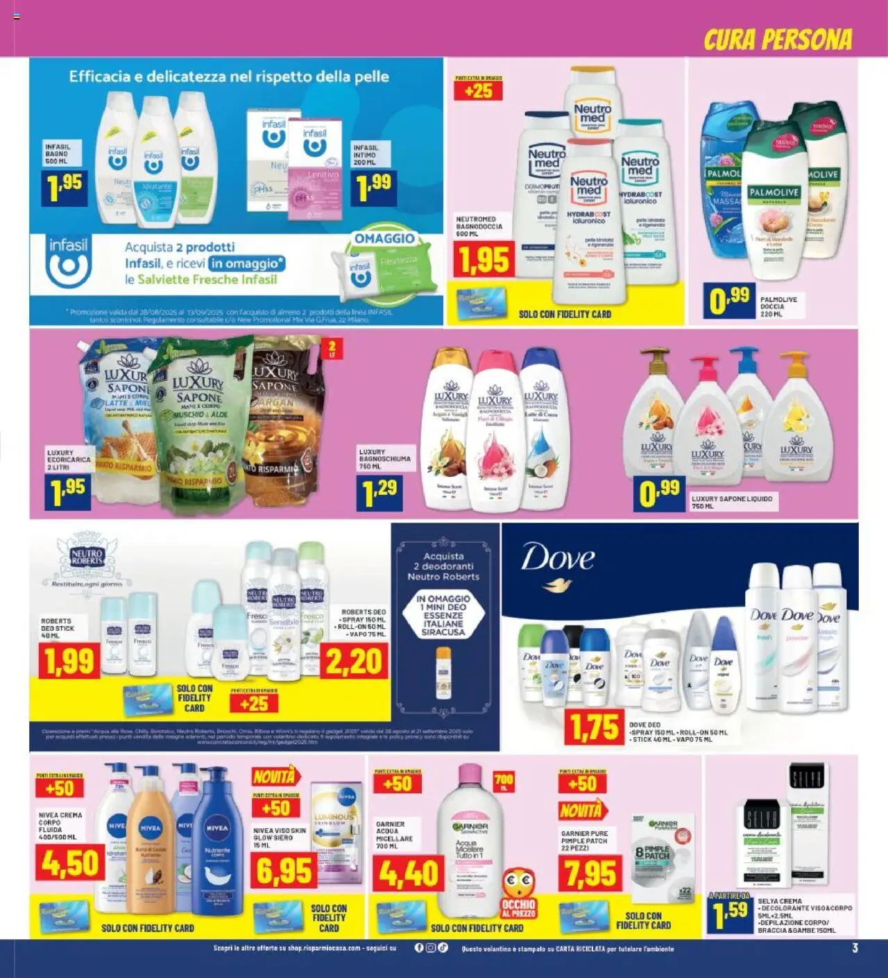 Volantino RisparmioCasa del 28.08.2025 | Pagina: 3 | Prodotti: Crema, Bagnoschiuma, Bagno, Doccia