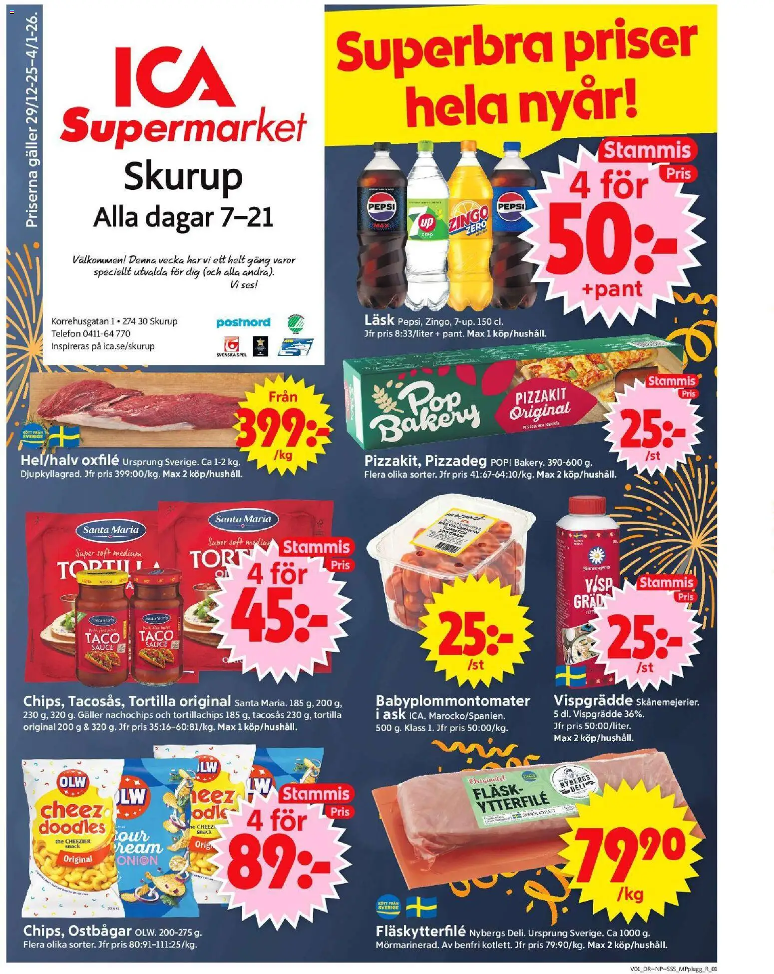 ICA Supermarket reklamblad aktuell från 30.12.2025 | Sida: 1 | Produkter: Visp, Tortilla, Oxfilé, Telefon