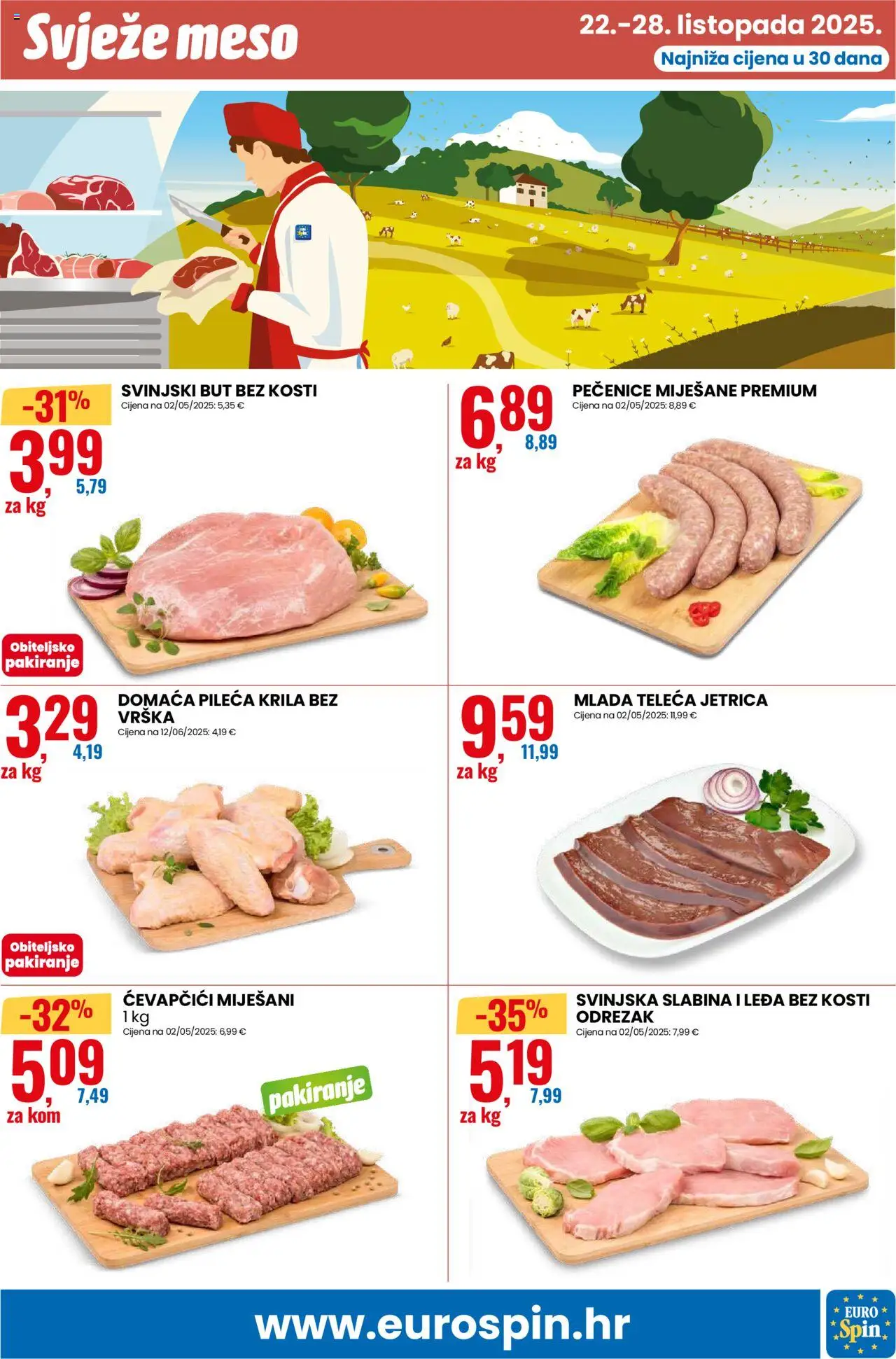 Eurospin katalog | vrijedi od 22.10.2025 | Stranica: 9 | Proizvodi: Pileća krila, Svinjski but, Meso, Ćevapčići