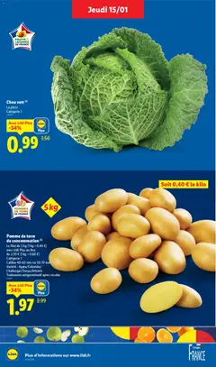 LIDL - Prévisualisation de Pomme de terre de consommation (1), Le filet de 5 kg (1 kg = 0,40 €) avec Lidl Plus au lieu de 2,99 € (1 kg = 0,60 €), Catégorie 1, Calibre 40-60 mm ou 50-70 mm, Variété: Agata/Colomba/Challenger/Surya/Artemis, Traitement antigerminatif après récolte valide à partir de 15.01.2026 | Page: 4