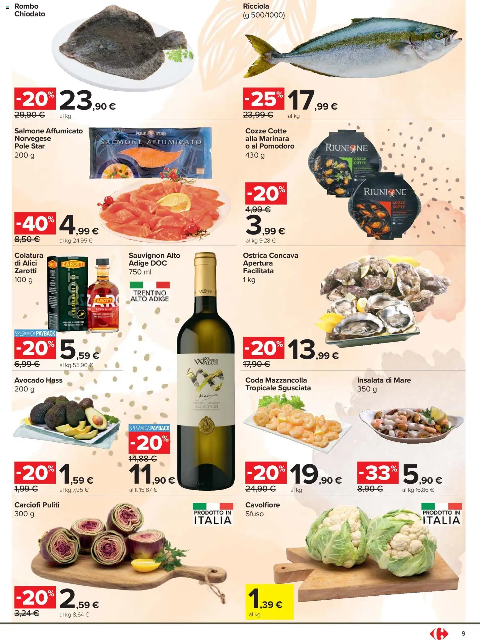 Volantino Carrefour del 24.03.2026 | Pagina: 9 | Prodotti: Salmone affumicato, Salmone, Cozze, Insalata