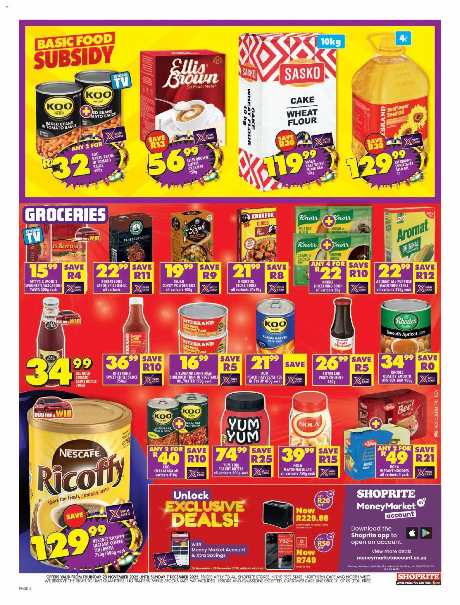 New Shoprite catalogue – valid from 20.11.2025 | Page: 4 | Products: Tuna, Toaster, Powder, Fruit