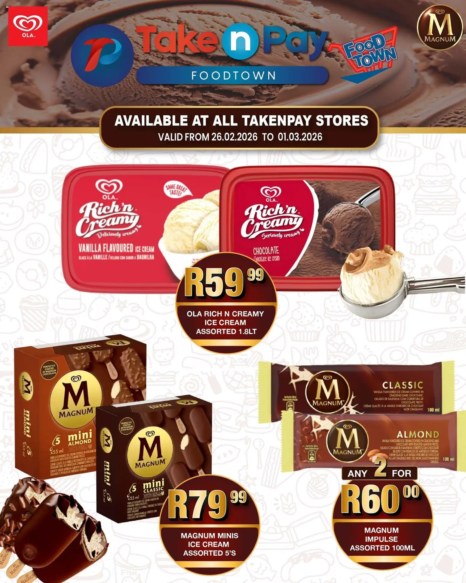 New Take n Pay catalogue – valid from 26.02.2026 | Page: 1 | Products: Milk, Chocolate, Cream, Ice cream