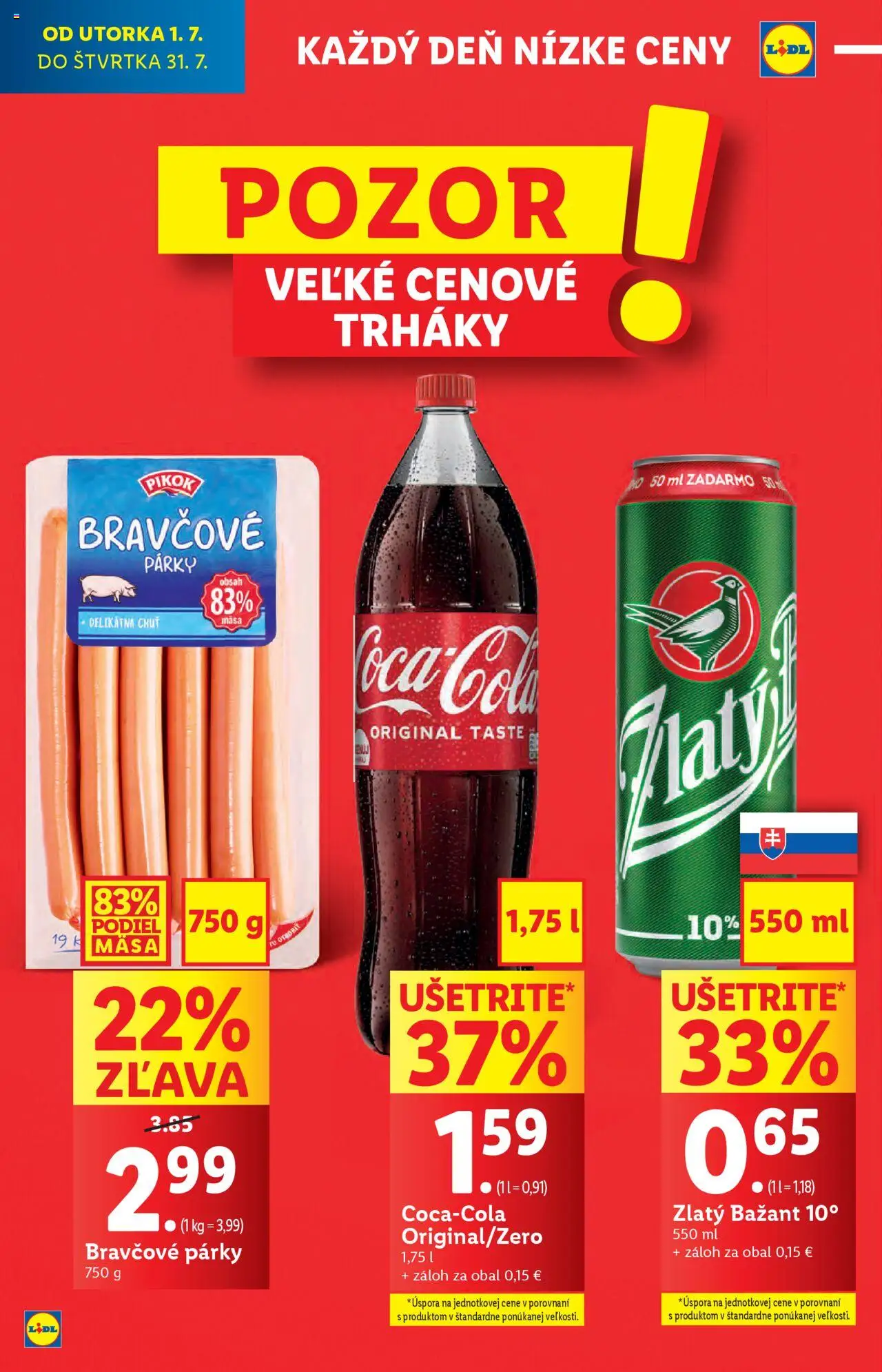 Lidl leták │ platný od 14.07.2025 | Strana: 7 | Produkty: Zlatý Bažant, Párky, Cola