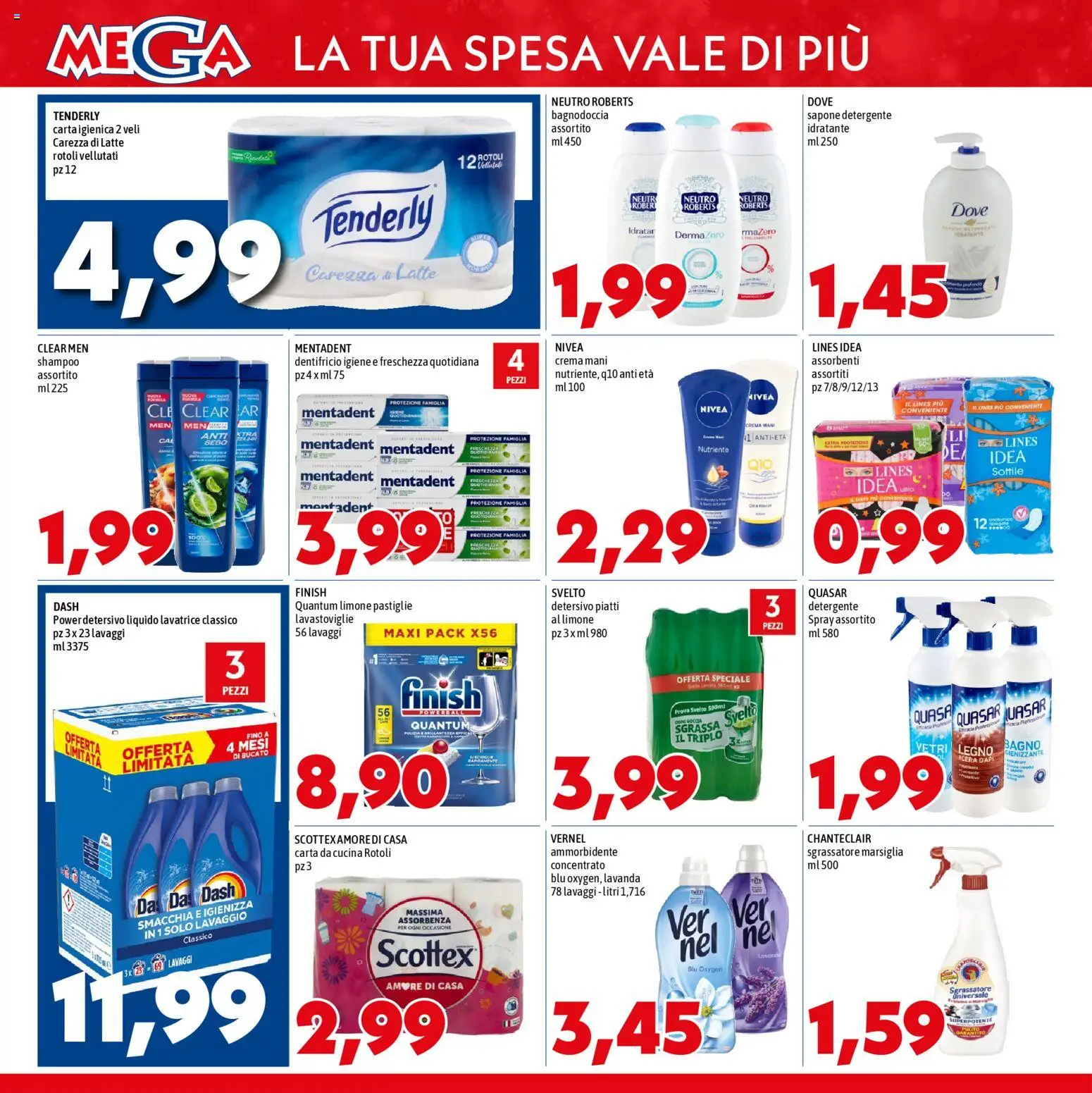 Volantino Mega del 11.12.2025 | Pagina: 14 | Prodotti: Shampoo, Carta igienica, Ammorbidente, Lavastoviglie