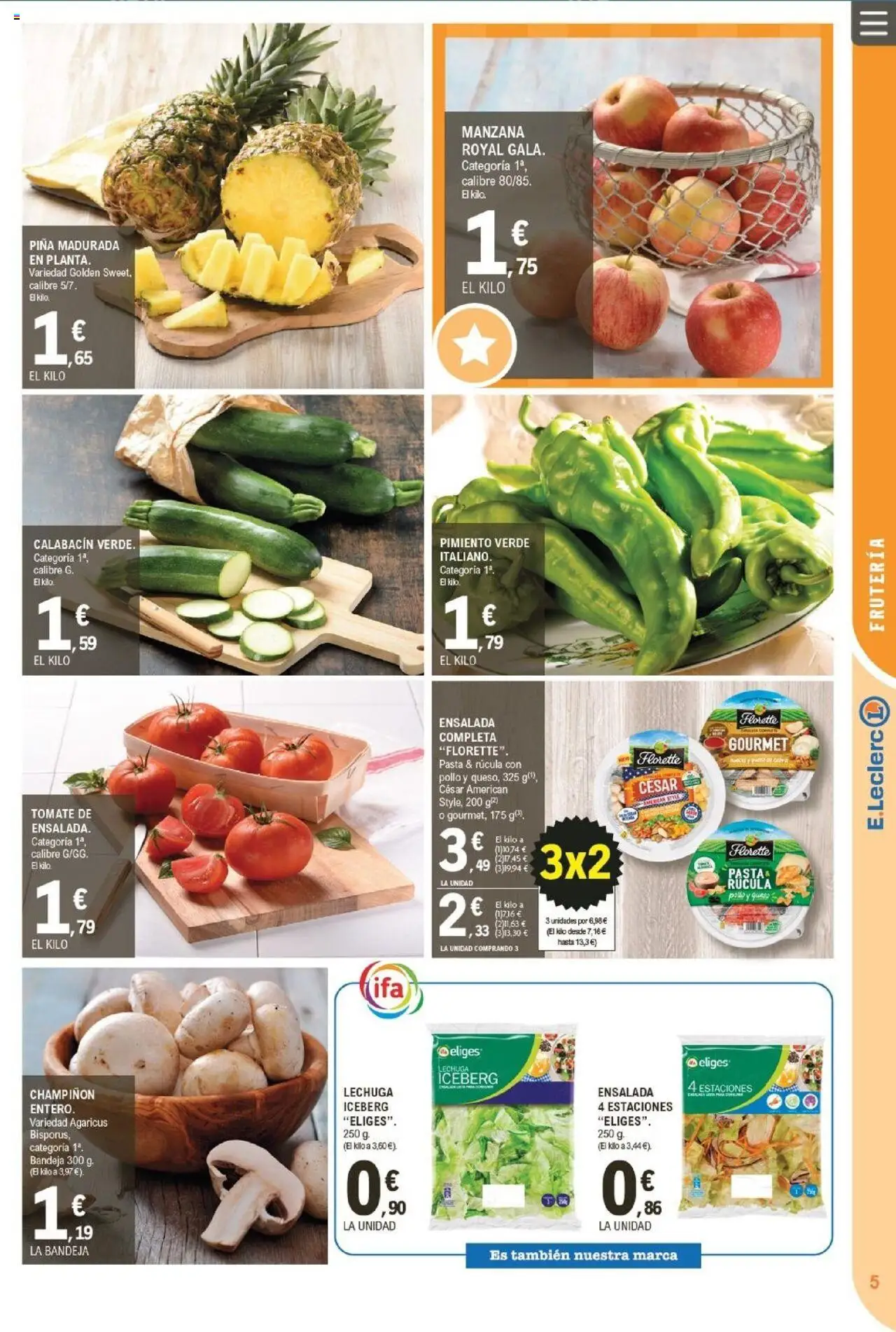 E.Leclerc folleto │ válido desde el 22.10.2025 | Página: 5 | Productos: Calabacín, Pasta, Manzana, Ensalada