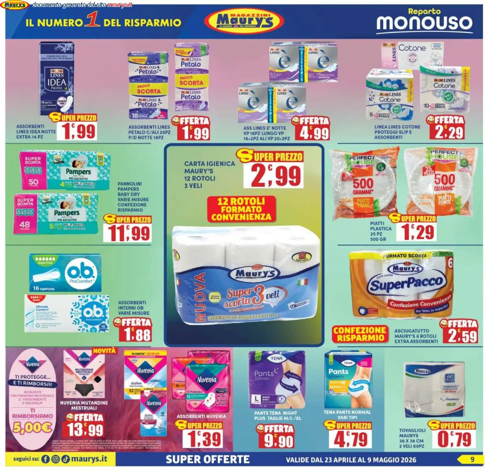 Volantino Maury's del 23.04.2026 | Pagina: 9 | Prodotti: Pannolini, Slip, Pampers, Asciugatutto