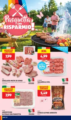 Anteprima del volantino GRIGLIATA MISTA DI SUINO, braciole di lombo, costine, salsiccia, spiedini sottili e pancetta valido a partire dal 30.03.2026 | Pagina: 22 | Prodotti: Salamella, Pollo, Pancetta, Spiedini
