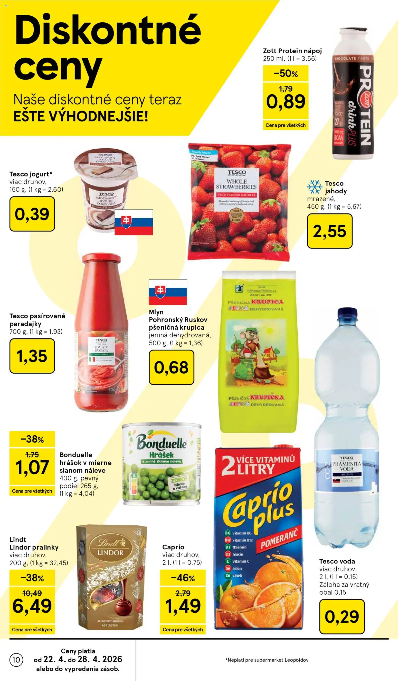Nové Tesco akcie – leták je platný od 22.04.2026 | Strana: 10 | Produkty: Paradajky, Lindor, Lindt, Jahody