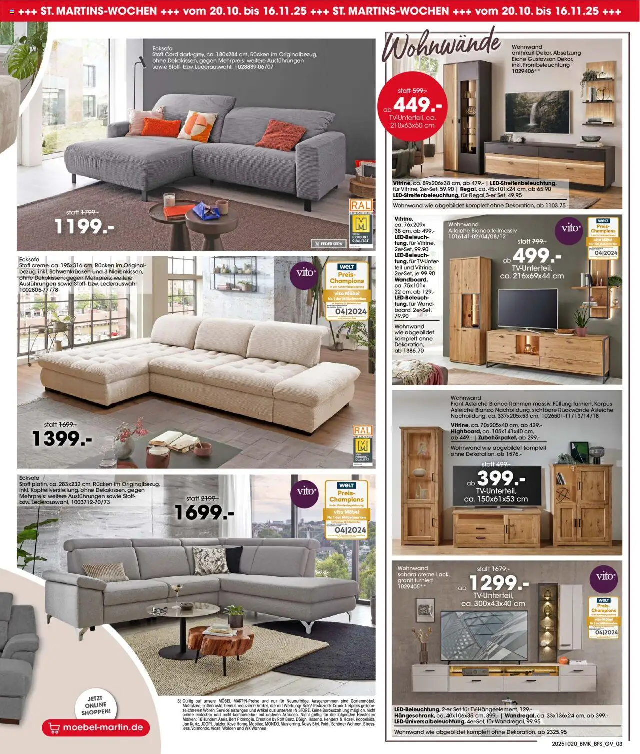 Möbel Martin St. Martins-Wochen – gültig ab 20.10.2025 | Seite: 3 | Produkte: Ecksofa, Wohnwand, Creme