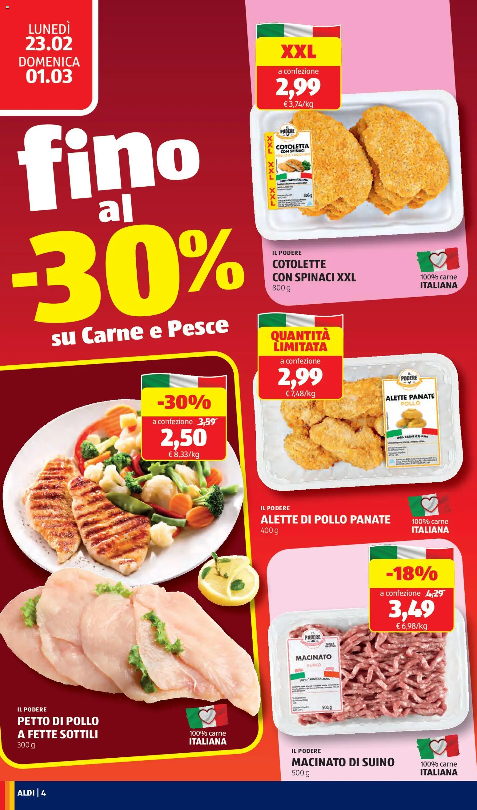 Volantino Aldi del 23.02.2026 | Pagina: 4 | Prodotti: Petto di Pollo, Pollo, Pesce, Tacchino