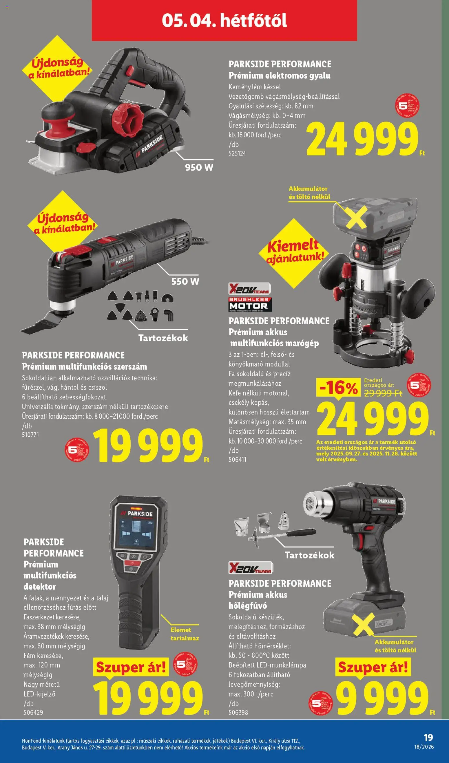 Lidl akciós ujság - amely érvényes a következő dátumtól: 30.04.2026 | Oldal: 19 | Termékek: Parkside, Router, Töltő, Hőlégfúvó