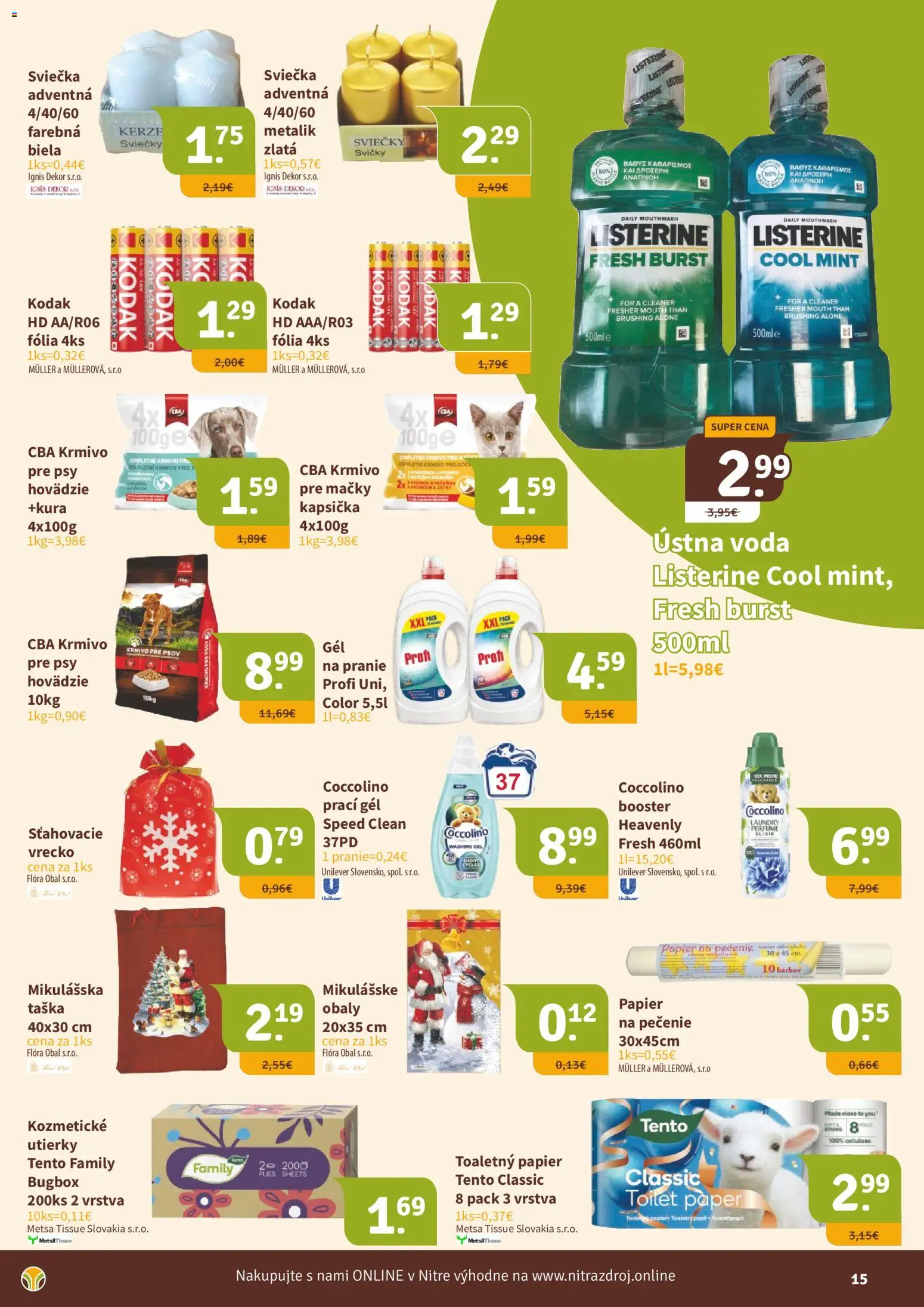 Nové Nitrazdroj akcie – leták je platný od 21.11.2025 | Strana: 15 | Produkty: Listerine, Sviečky, Coccolino, Taška